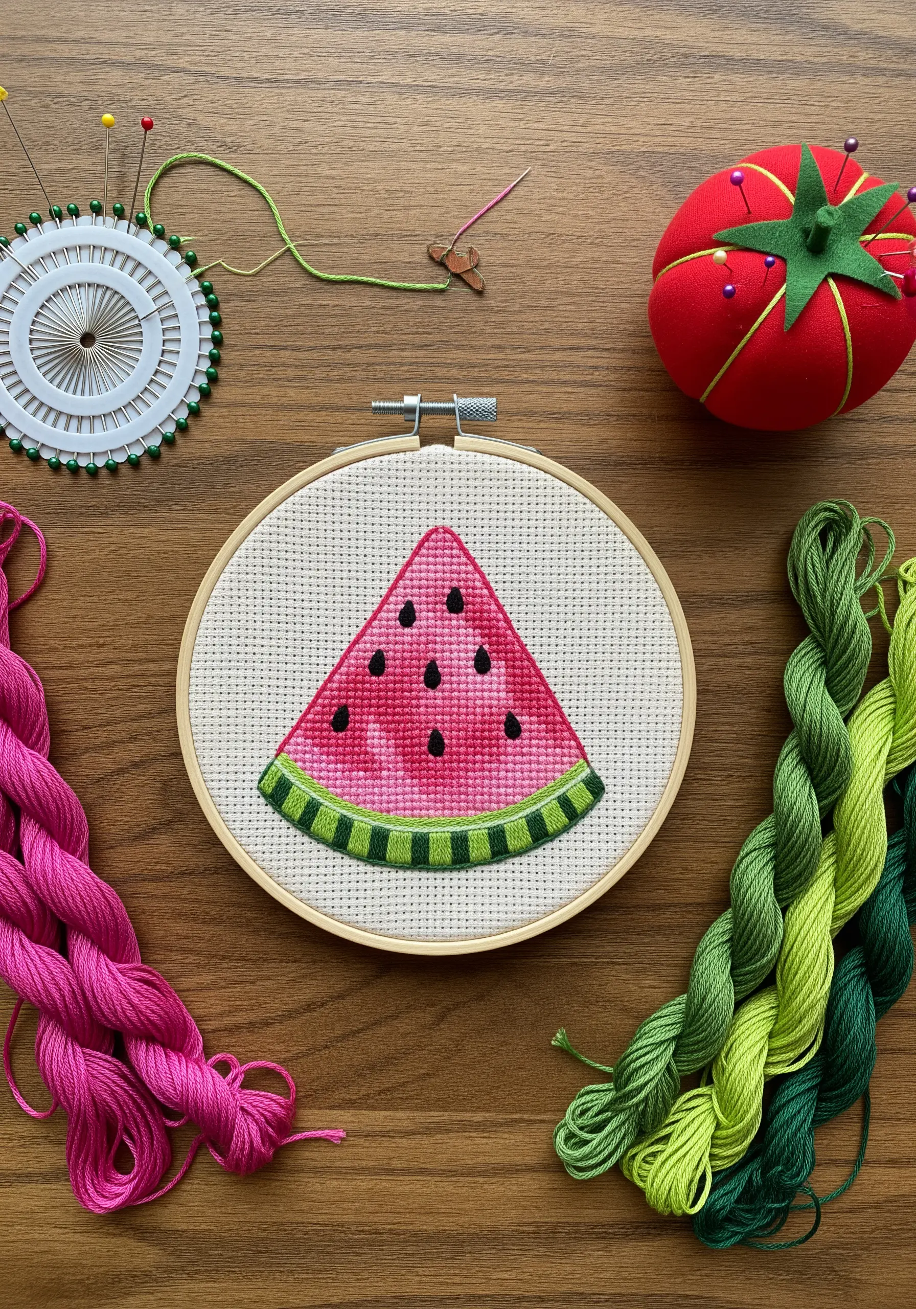 A cross-stitched watermelon slice with a green rind and pink flesh on Aida cloth.