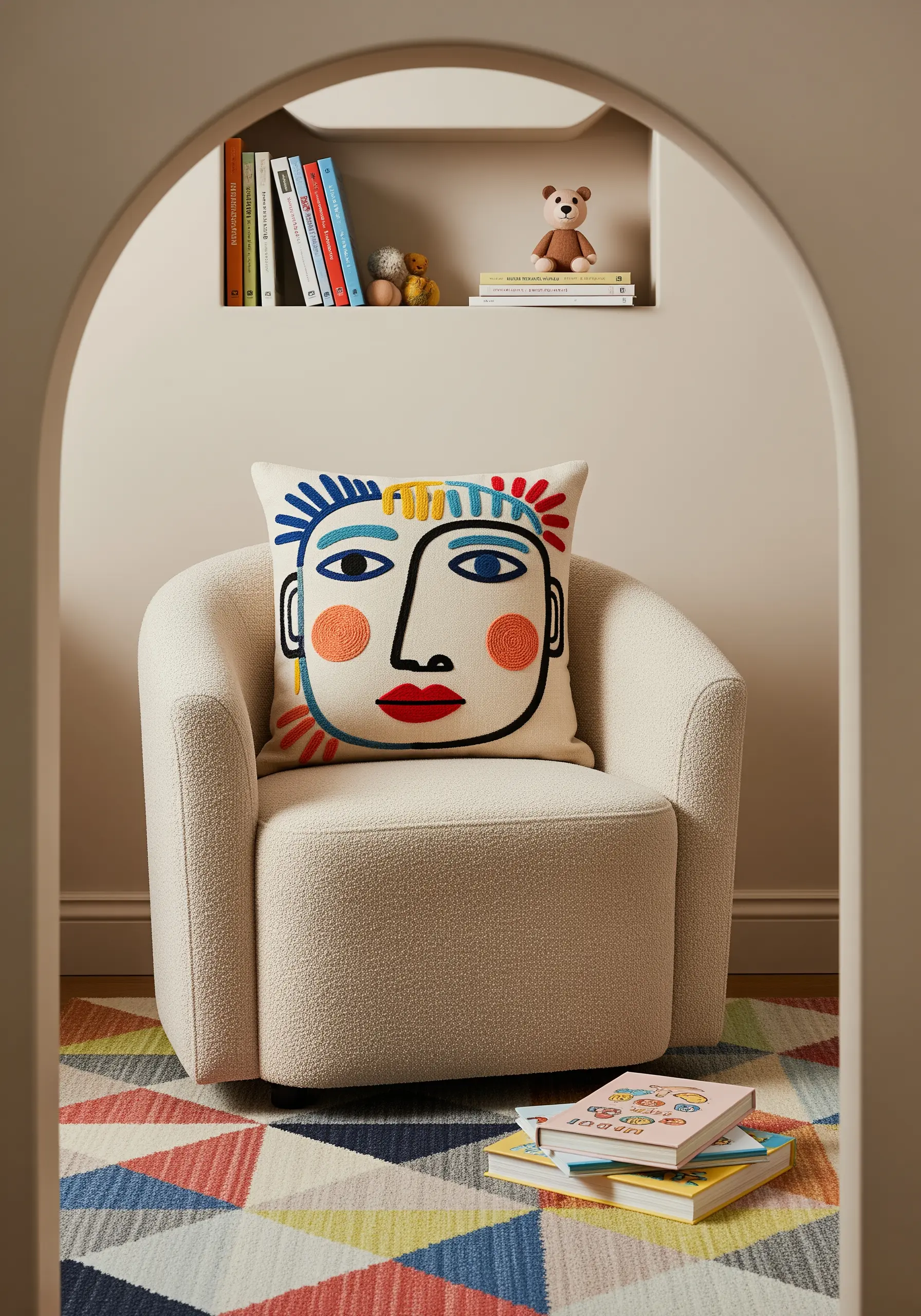 An abstract face embroidered on a pillow with bold black outlines and color blocking.