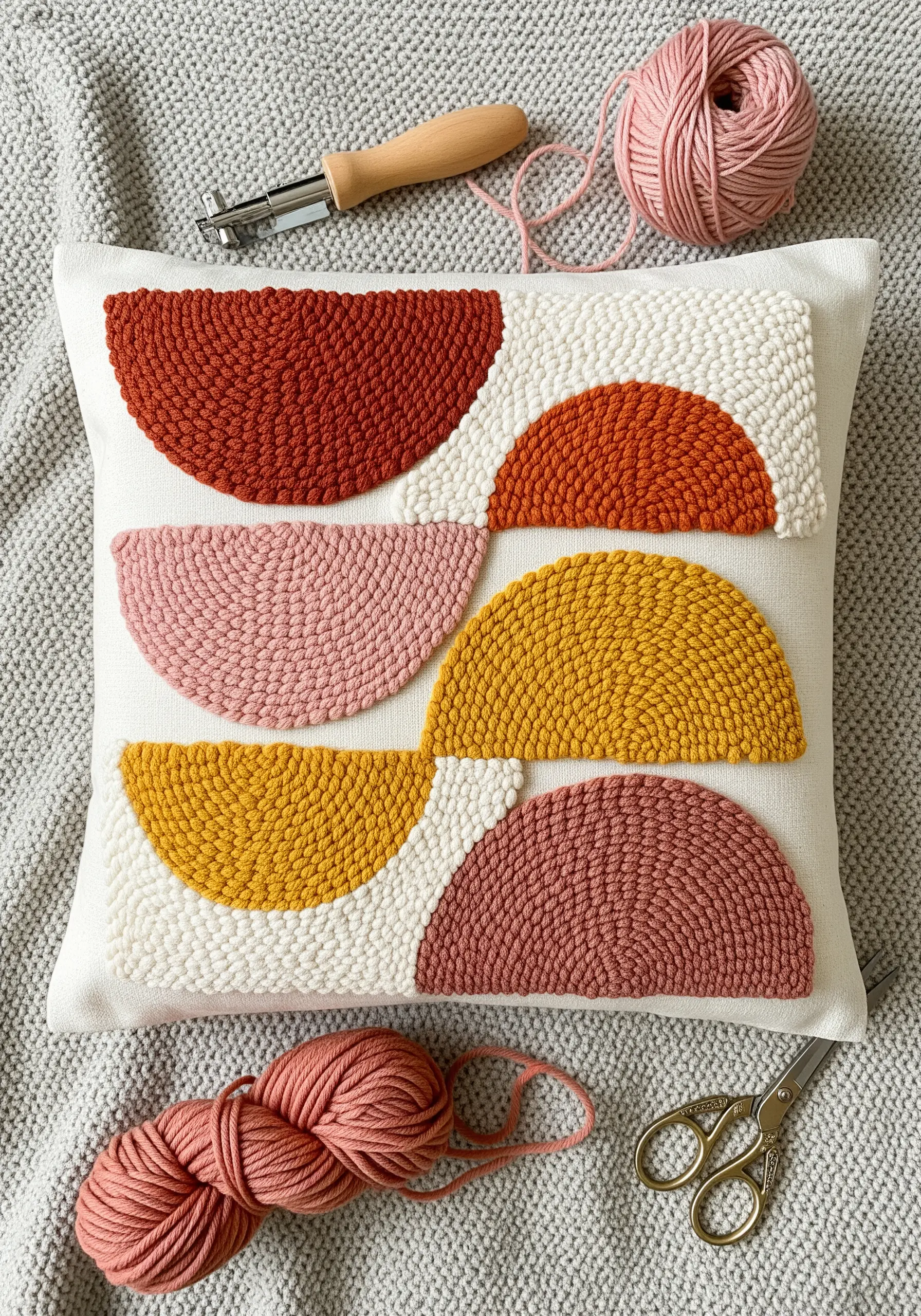 A punch needle cushion with abstract semi-circle shapes in warm tones.