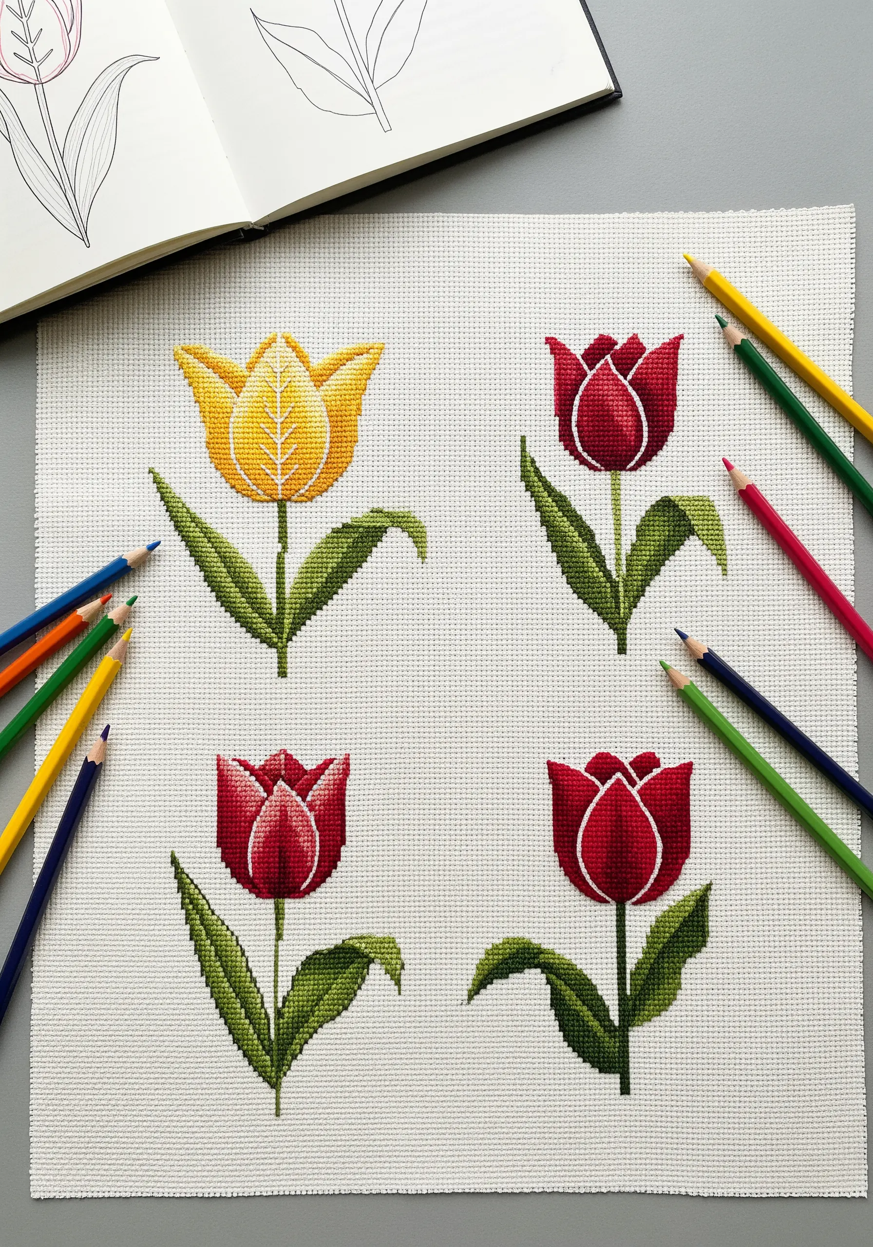 Four graphic-style tulips in red and yellow, created with cross-stitch on white Aida cloth.