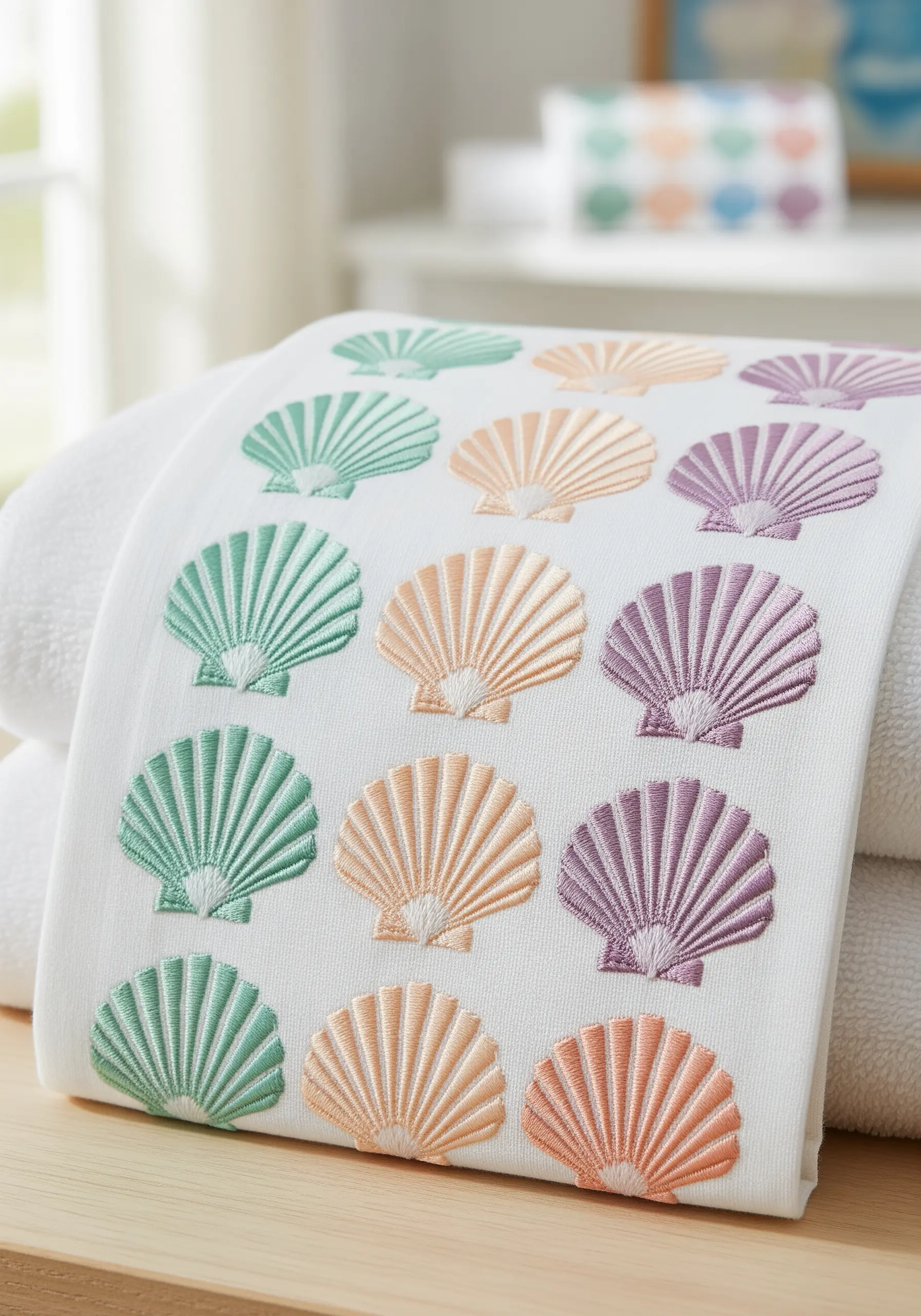 A pattern of repeating seashells in pastel colors embroidered on a towel border.