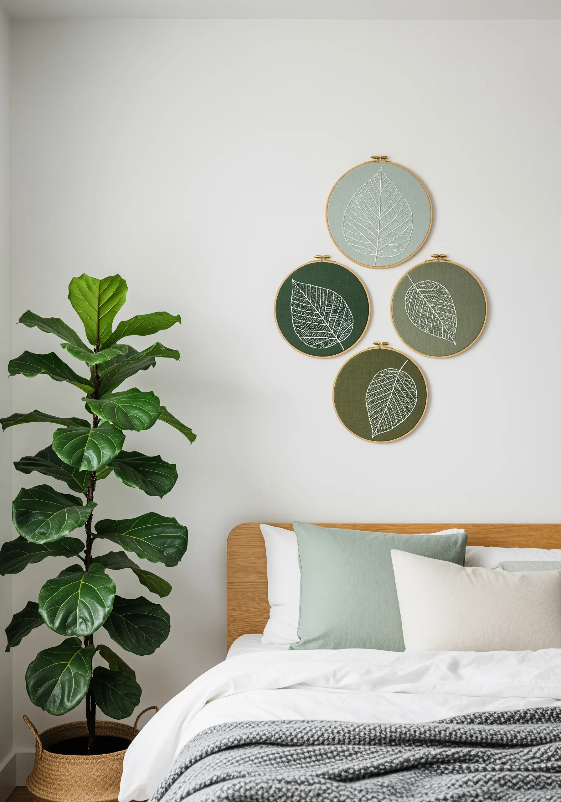 Four hoops with white thread leaf outlines stitched on varying shades of green fabric.