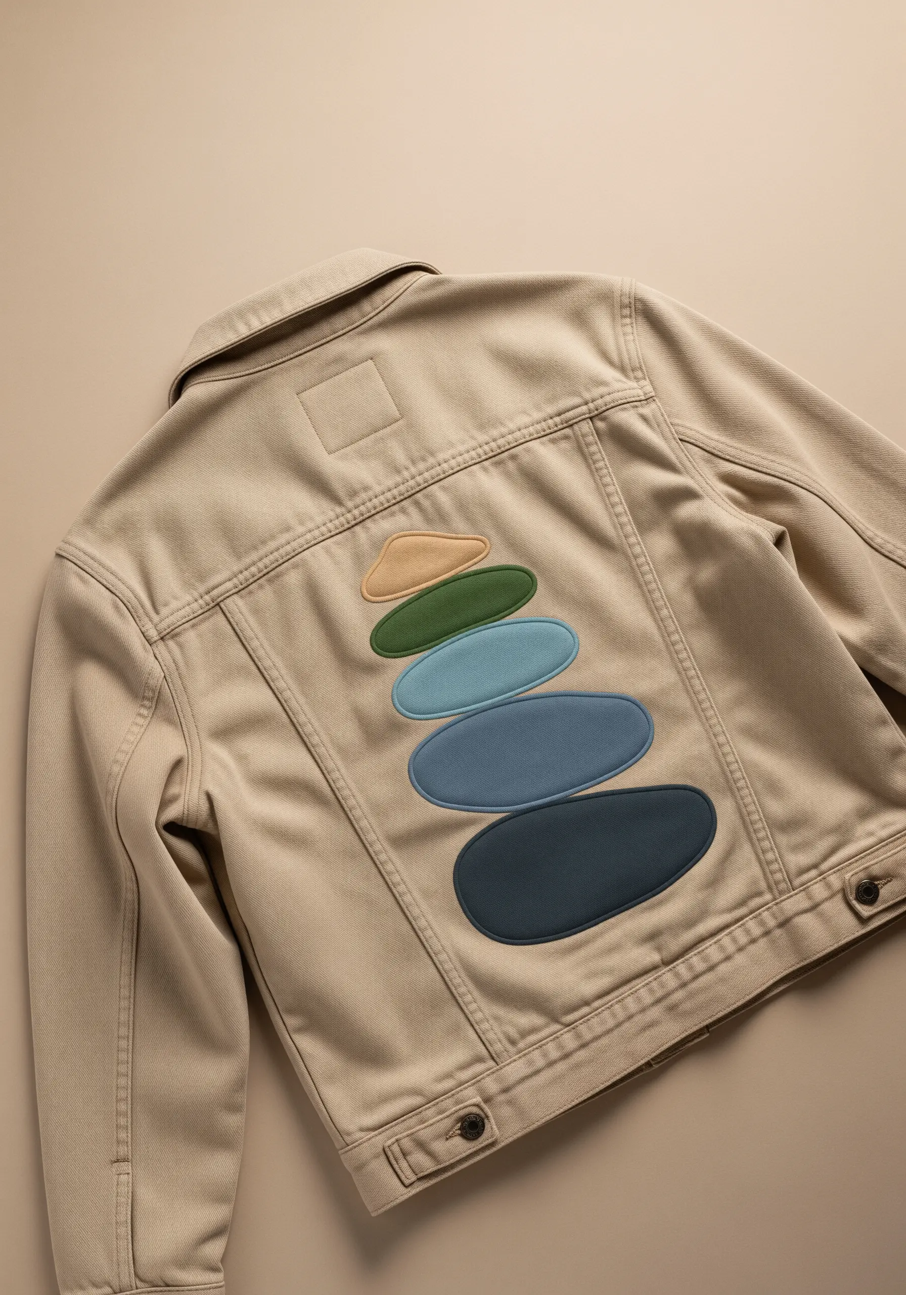 Appliqué of stacked, smooth stones in an earthy color palette on a beige jacket.