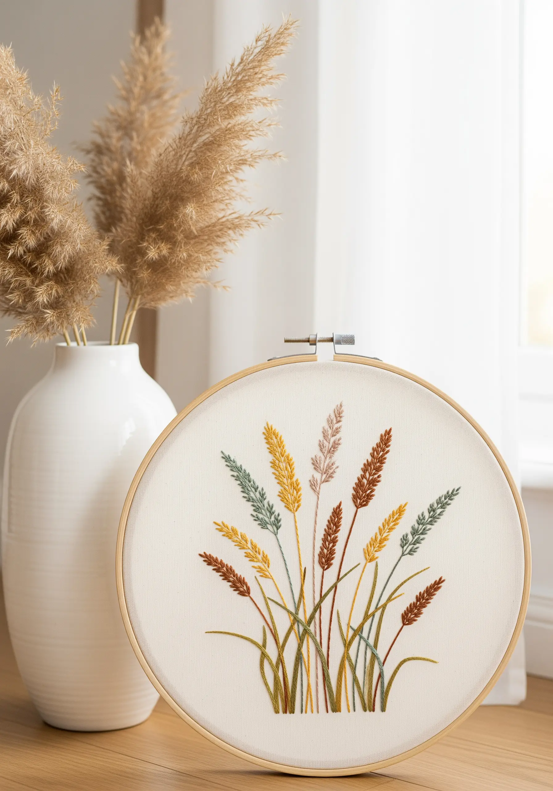 Delicate wheat stalks embroidered in a harmonious palette of earth tones like yellow, rust, and sage.