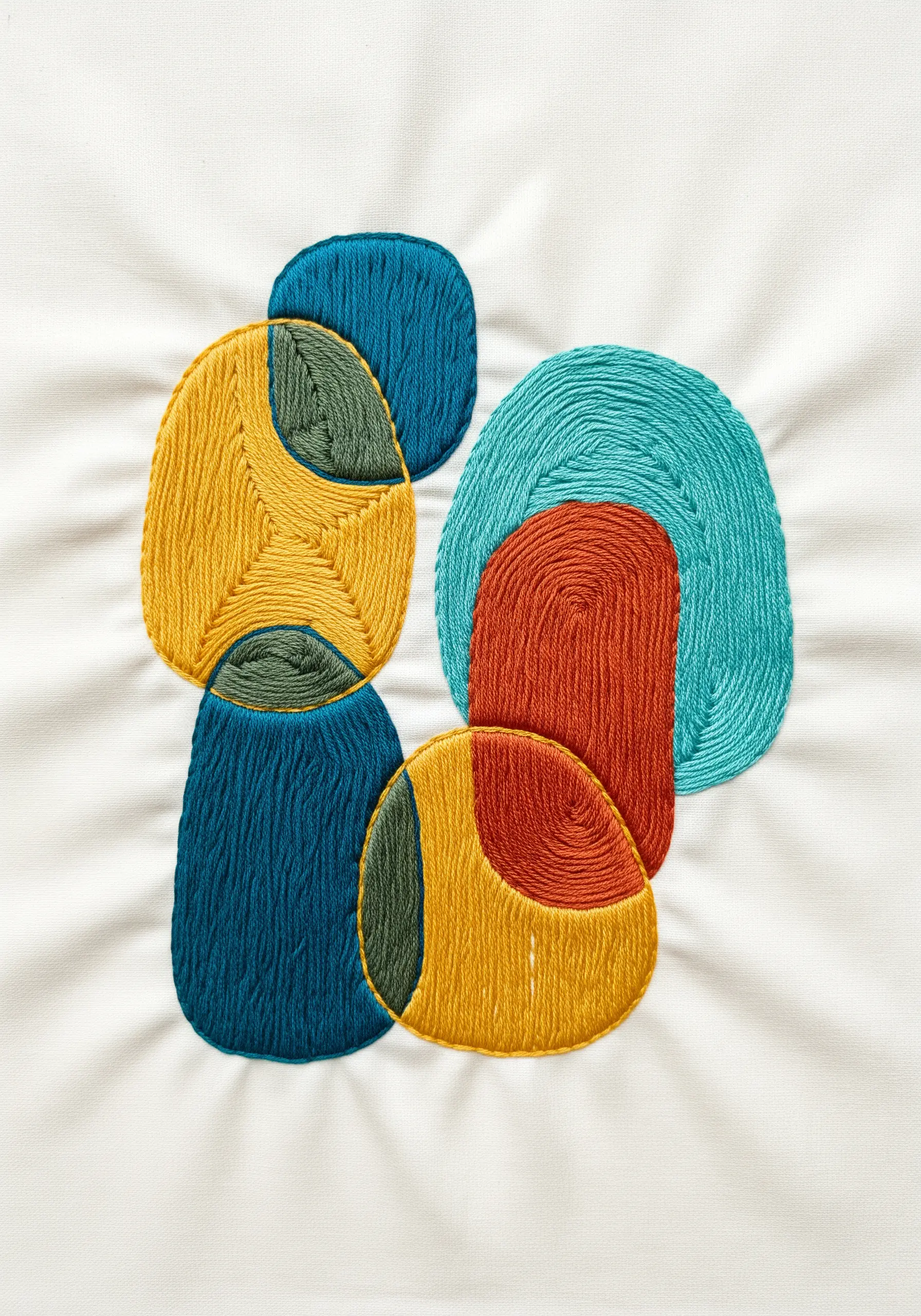 An abstract composition of overlapping, satin-stitched shapes in teal, yellow, and rust.