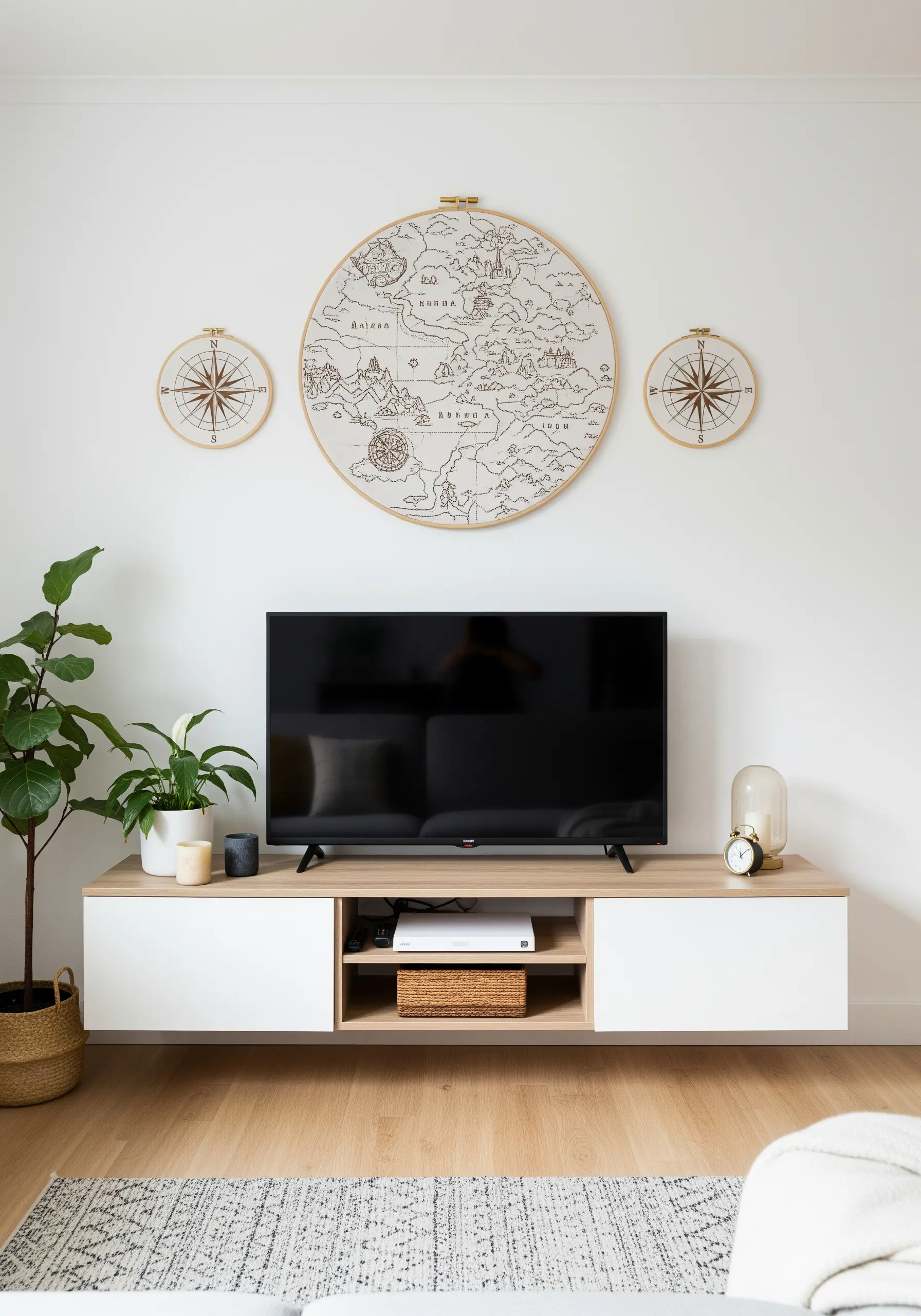 A large embroidered map in a hoop, flanked by two smaller compass rose hoops.