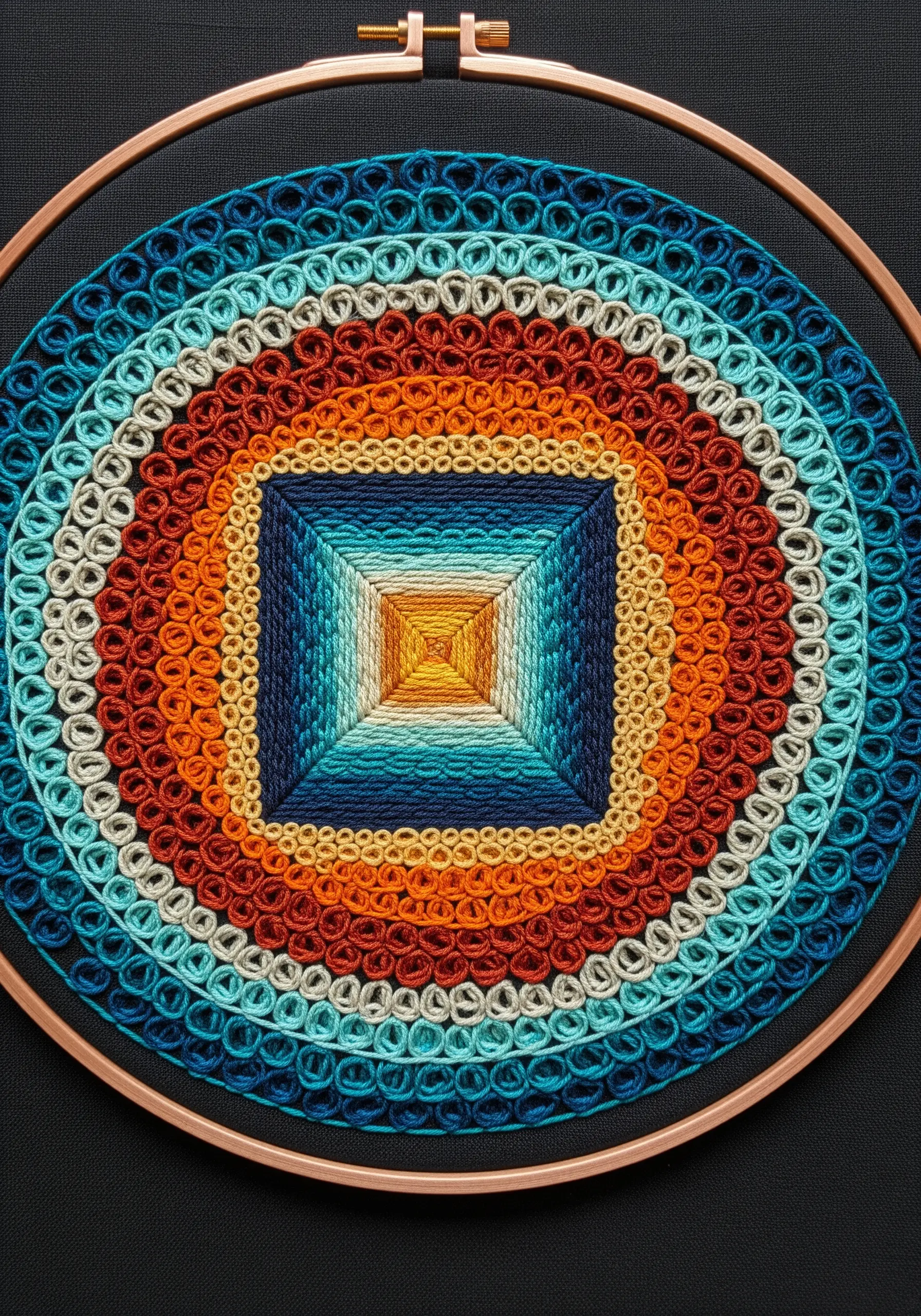 A densely stitched piece with concentric rings of knots creating a color gradient.