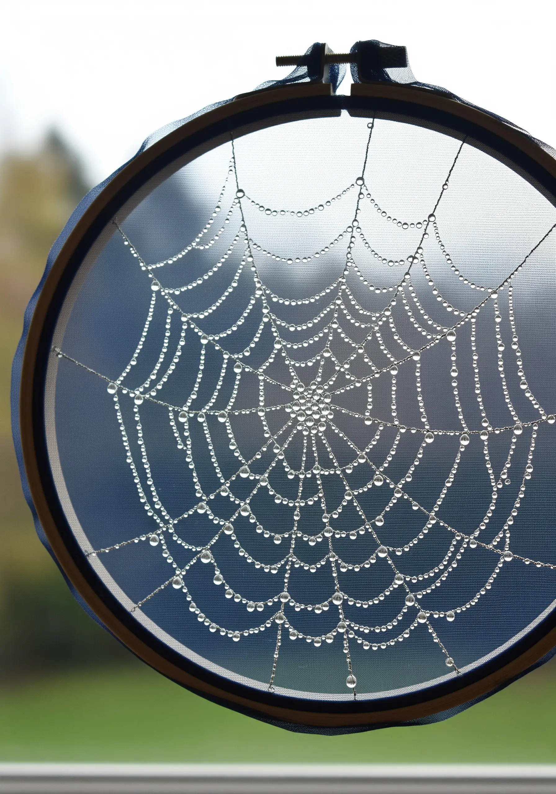 Embroidery of a spiderweb on sheer fabric with tiny beads for dewdrops.