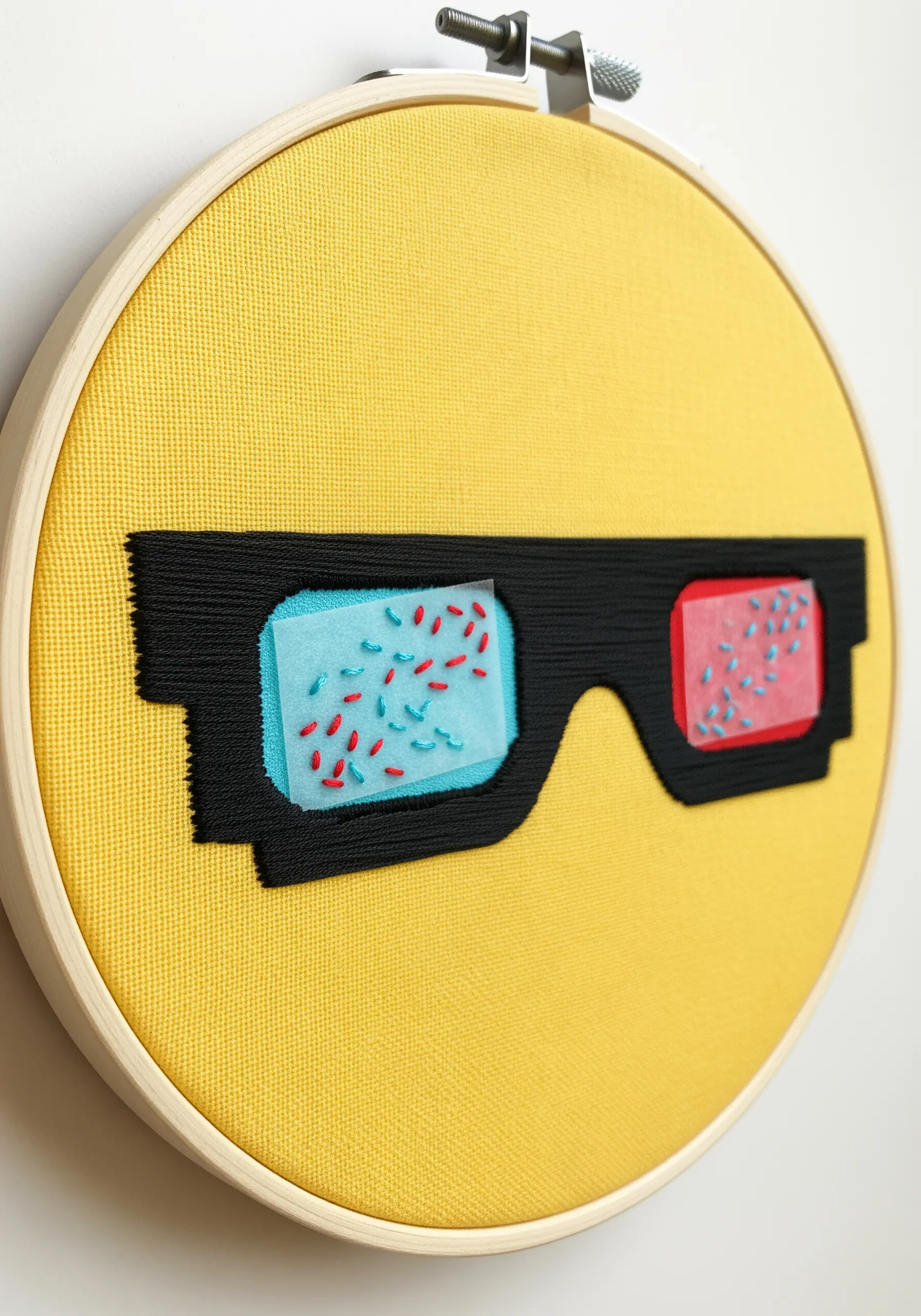 3D glasses embroidery using sheer fabric appliqué for a transparent lens effect.