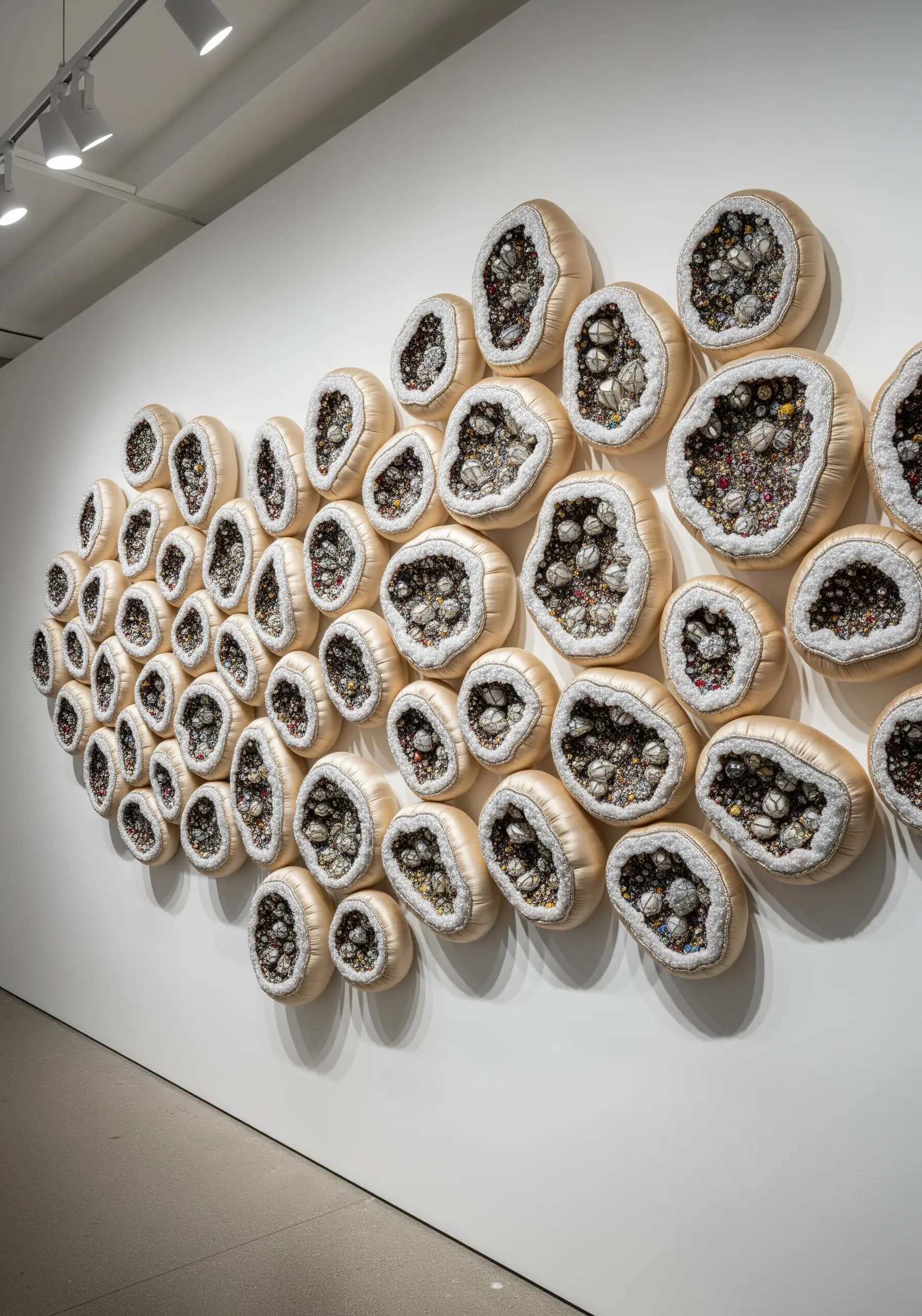 A wall installation of numerous soft, geode-like sculptures with beaded centers.