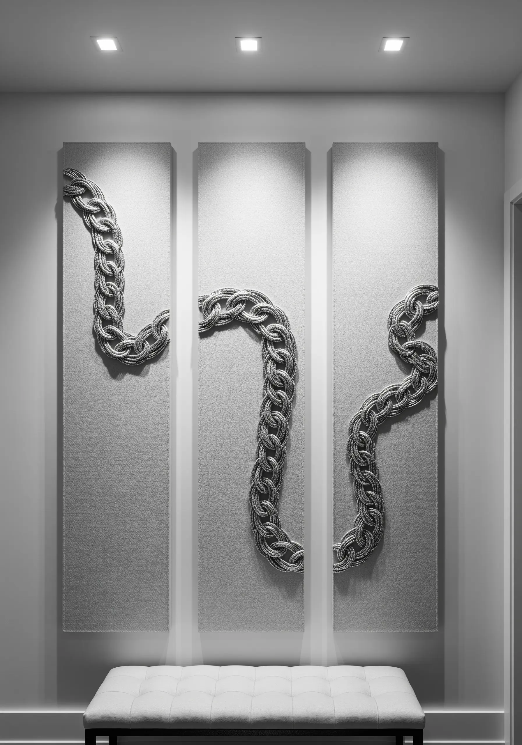 A triptych of three narrow panels with a continuous, 3D embroidered silver chain flowing across them.