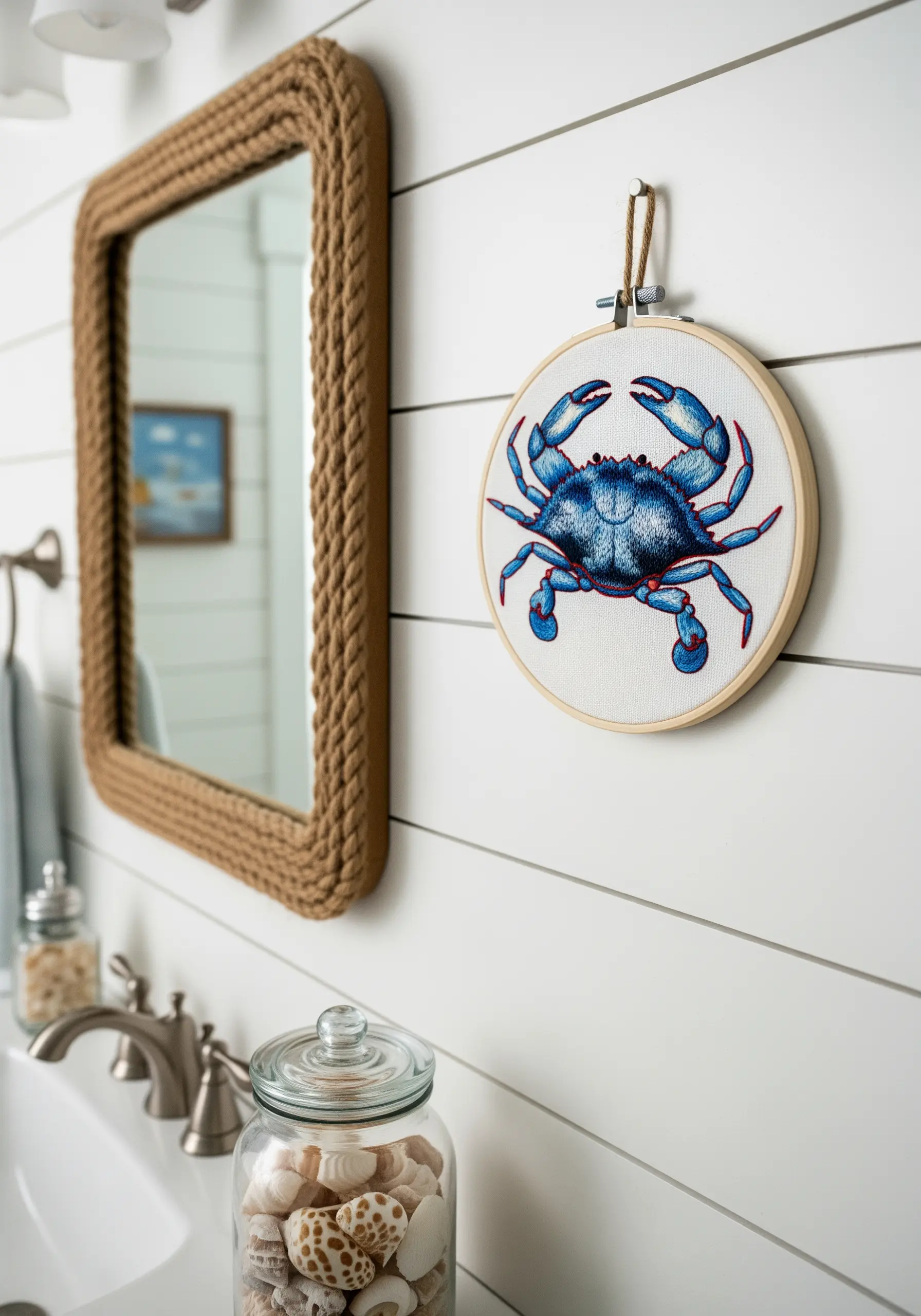 A detailed embroidery of a blue crab on white fabric, hanging in a bathroom.