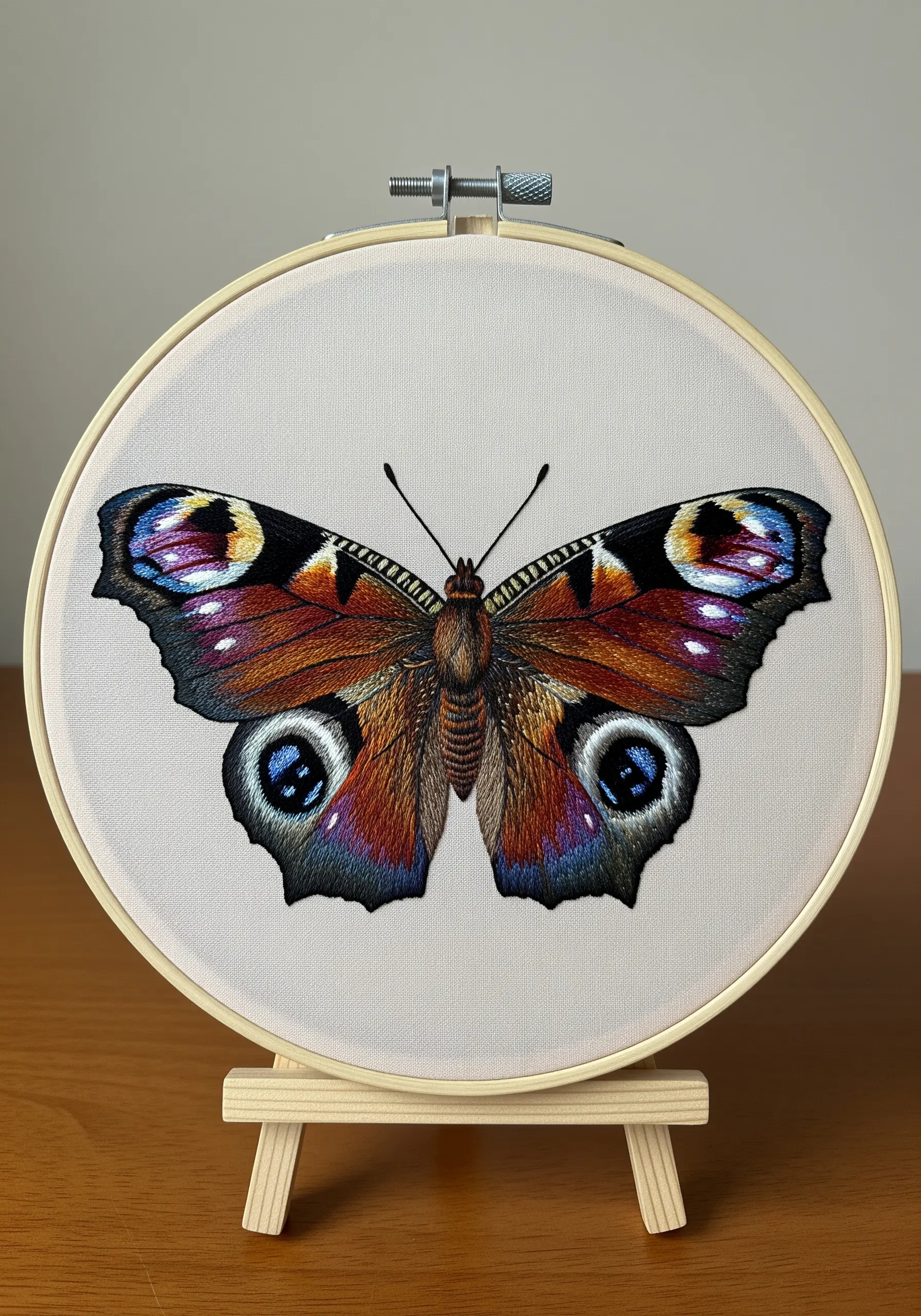 A realistic Peacock butterfly embroidery with detailed, colorful eyespots on its wings.