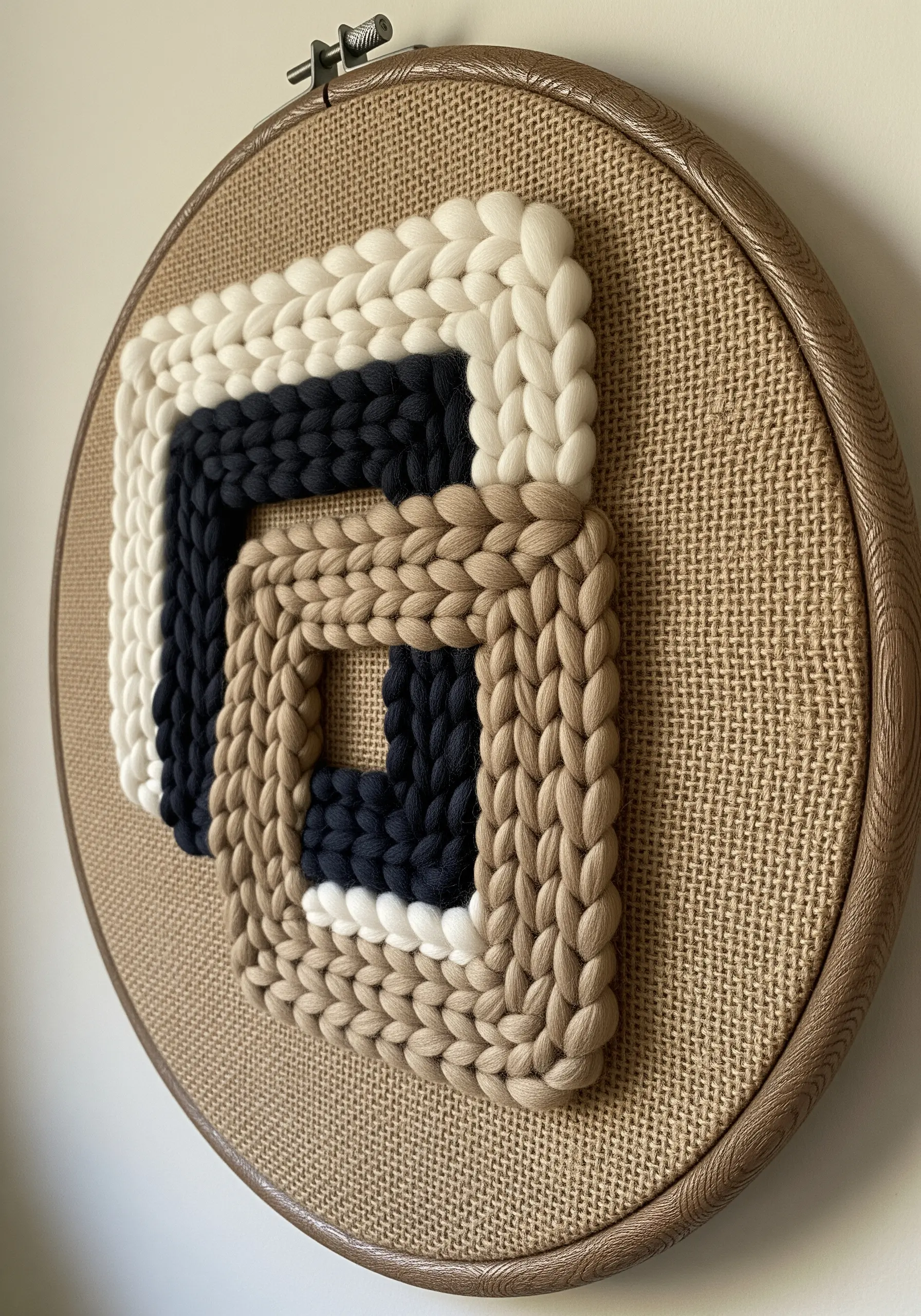 A geometric spiral pattern made from chunky braided wool in neutral colors on a burlap background.