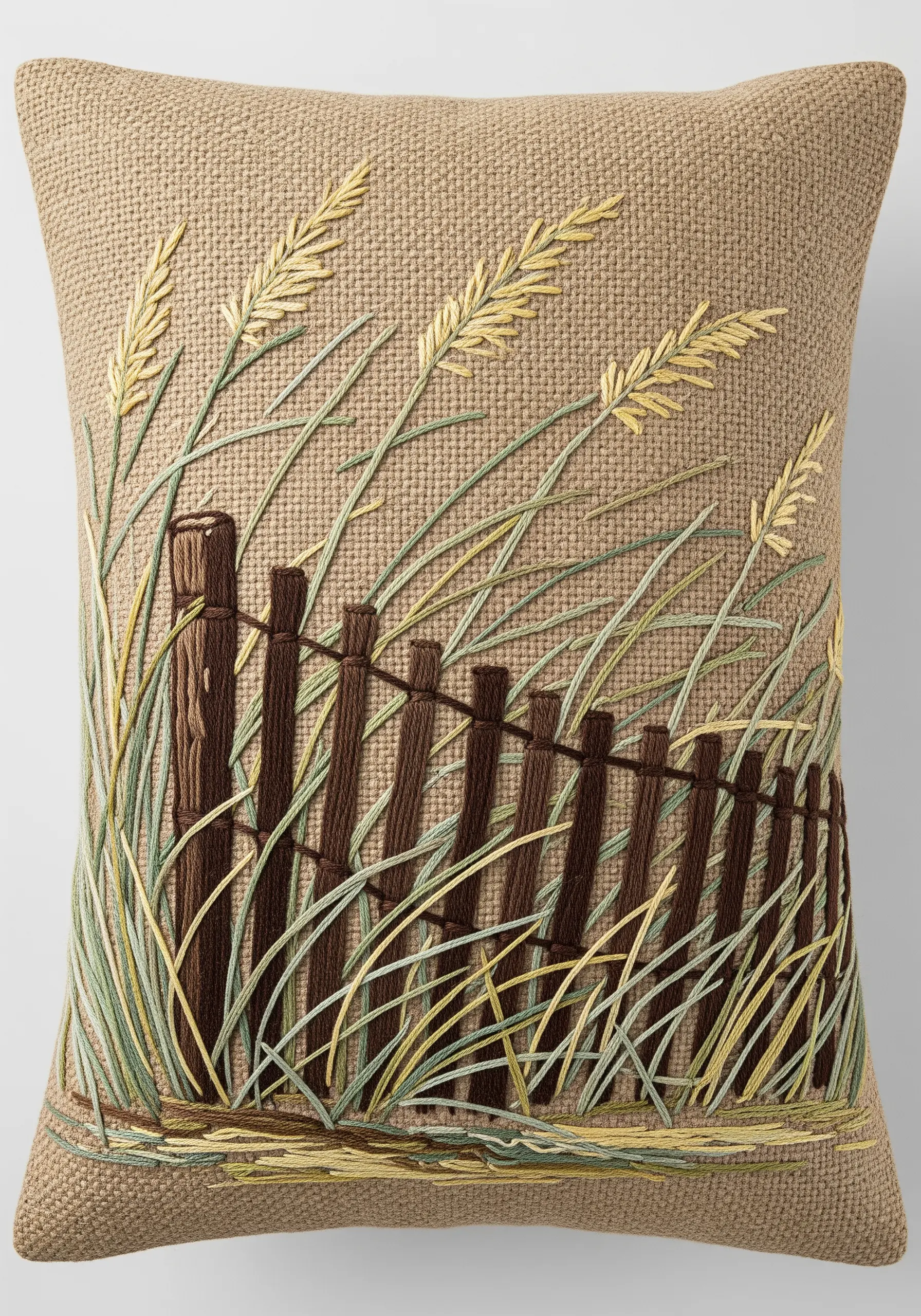 Embroidery of a rustic dune fence with tall sea grass on a burlap-textured pillow