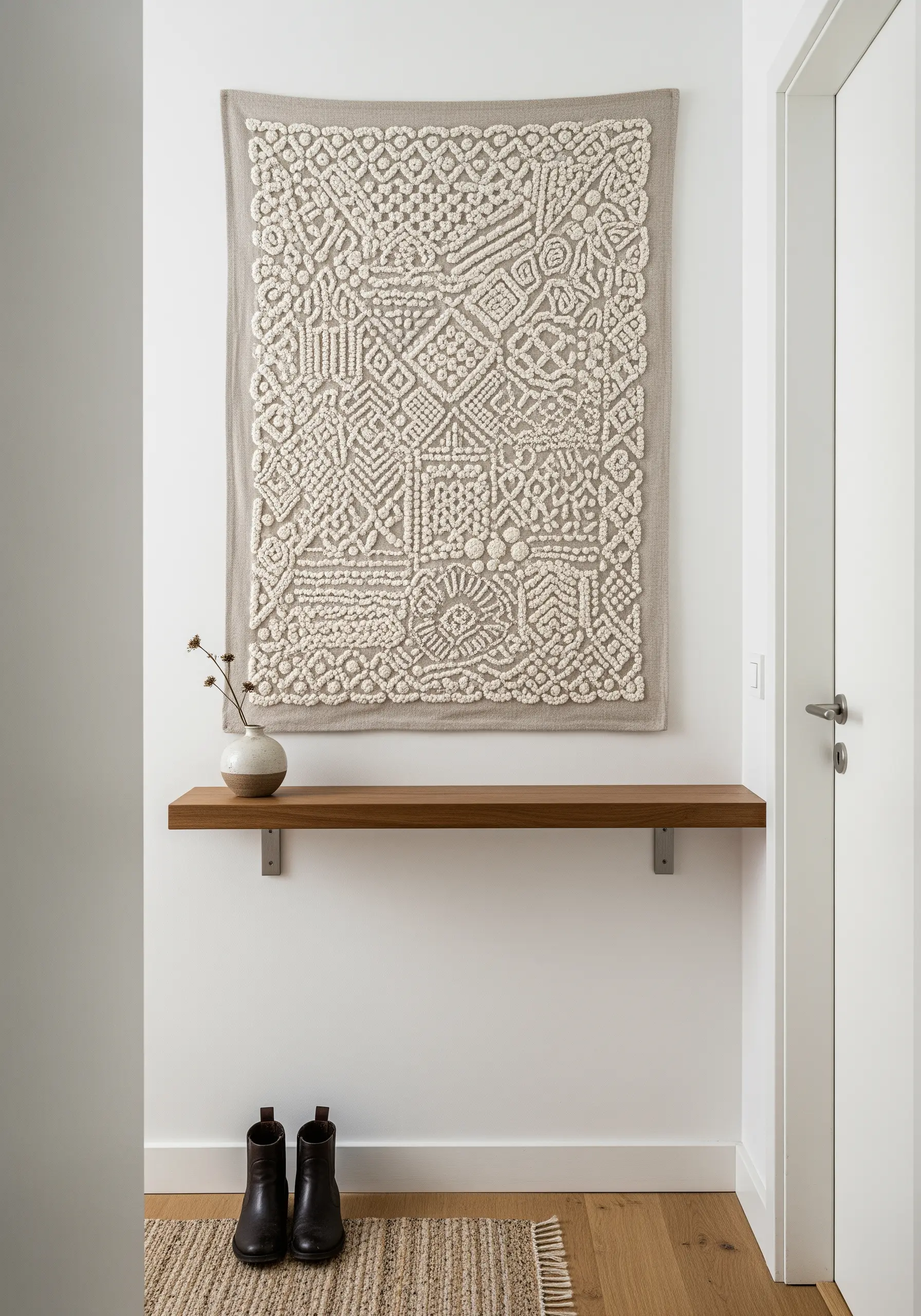 Large punch needle wall hanging with abstract geometric patterns in cream yarn