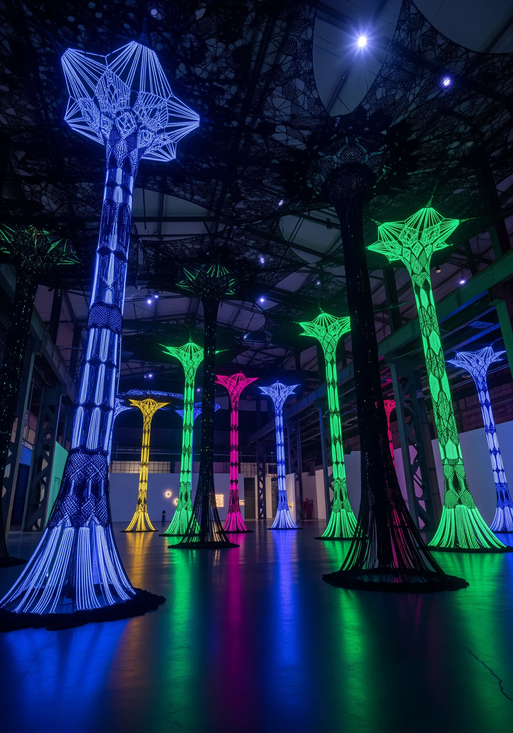 Tall, glowing tree-like structures made of intricate string art lit with neon colors.