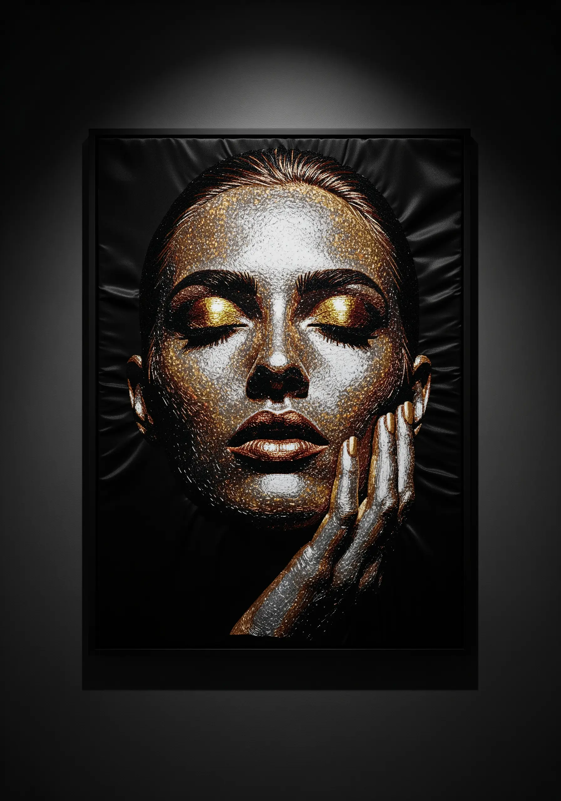 A dramatic portrait with the face and hand rendered in a glittering, textured gold and silver.