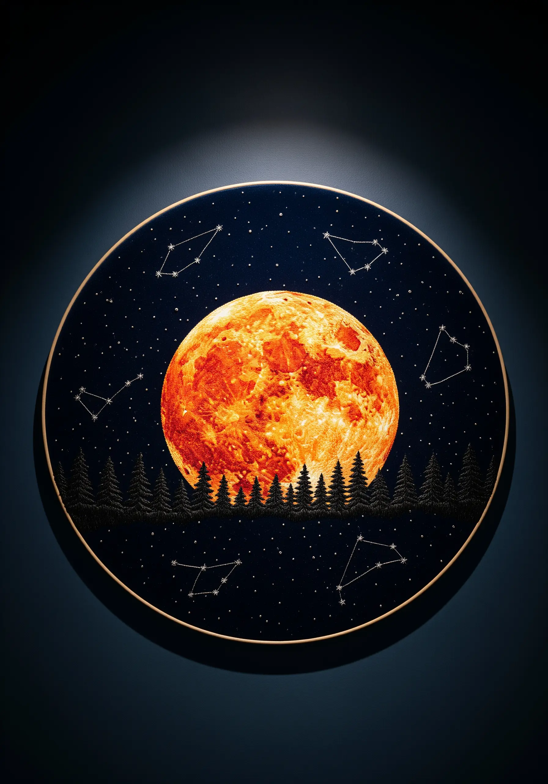 Embroidery of a textured orange harvest moon and constellations on dark blue fabric.