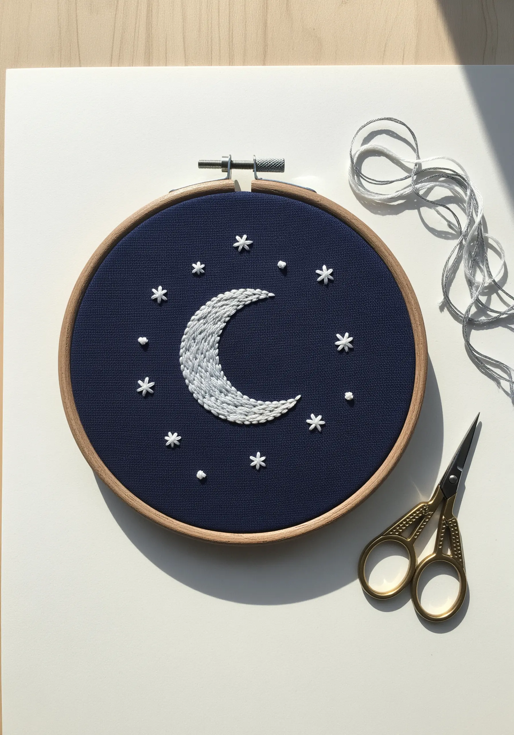 Embroidered crescent moon and stars using textured stitches and metallic thread on navy fabric.