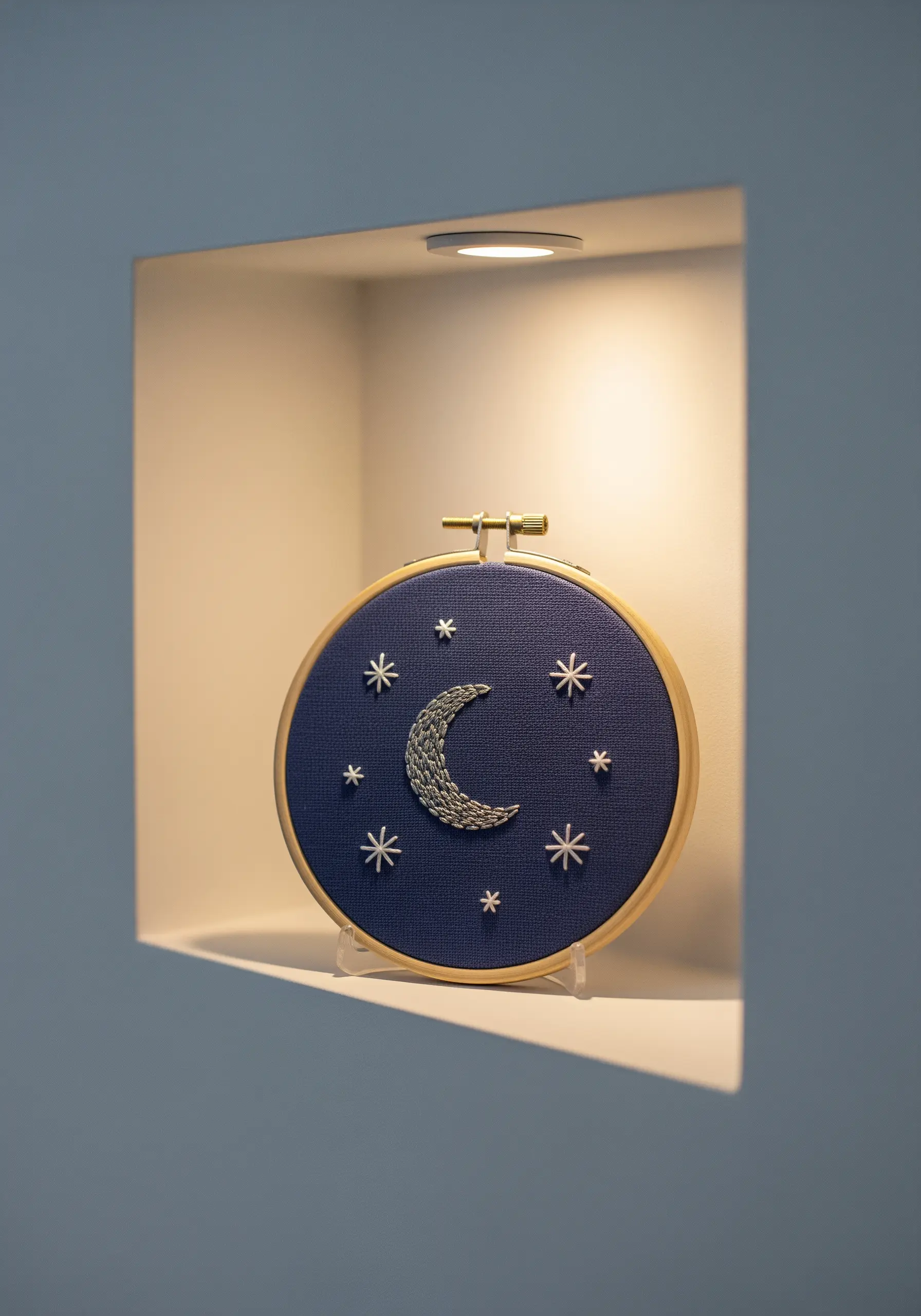 A crescent moon embroidered with textured metallic thread on dark blue fabric inside a lit wall niche.