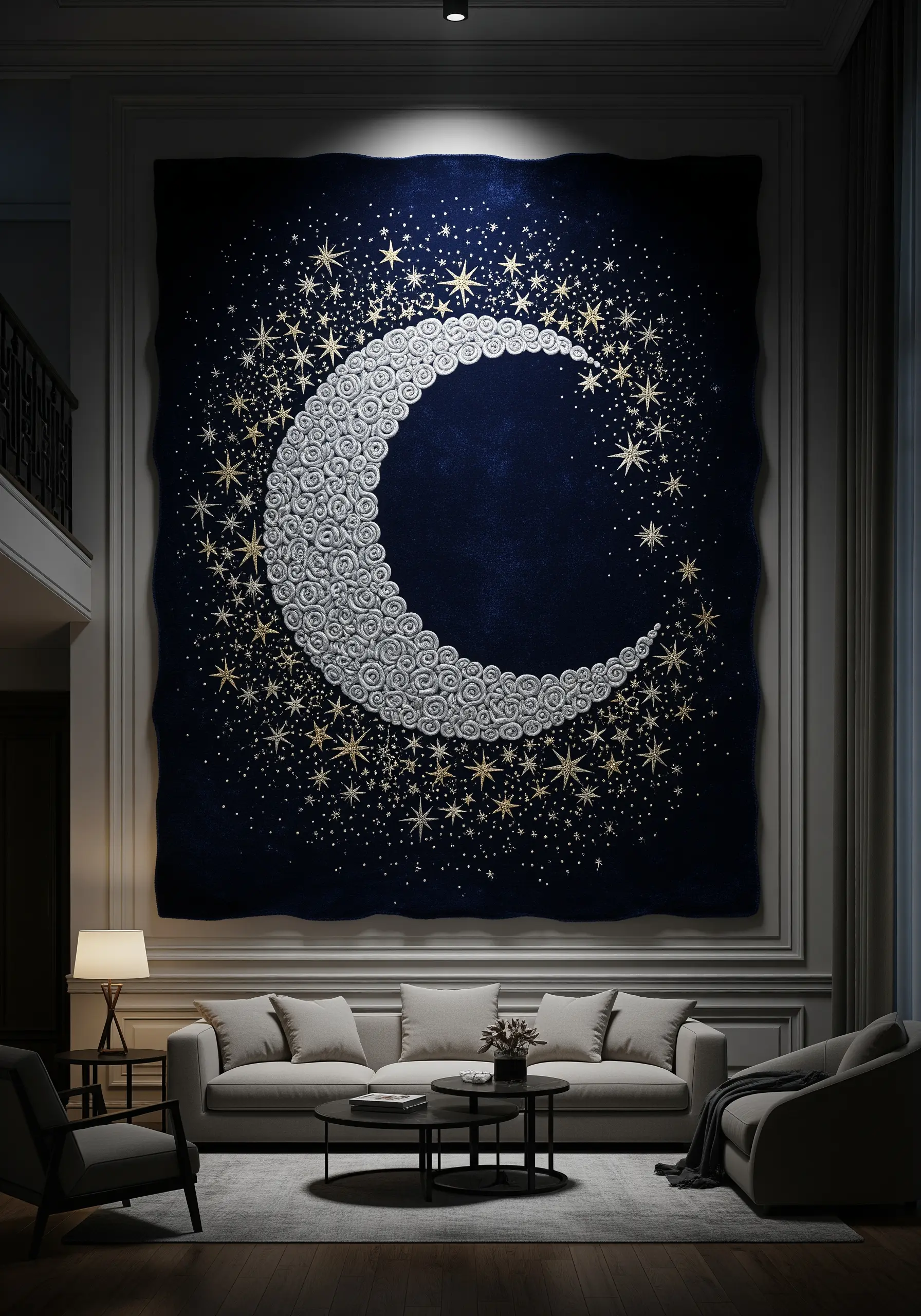 A massive wall tapestry of a crescent moon made of white knots, surrounded by gold metallic stars.