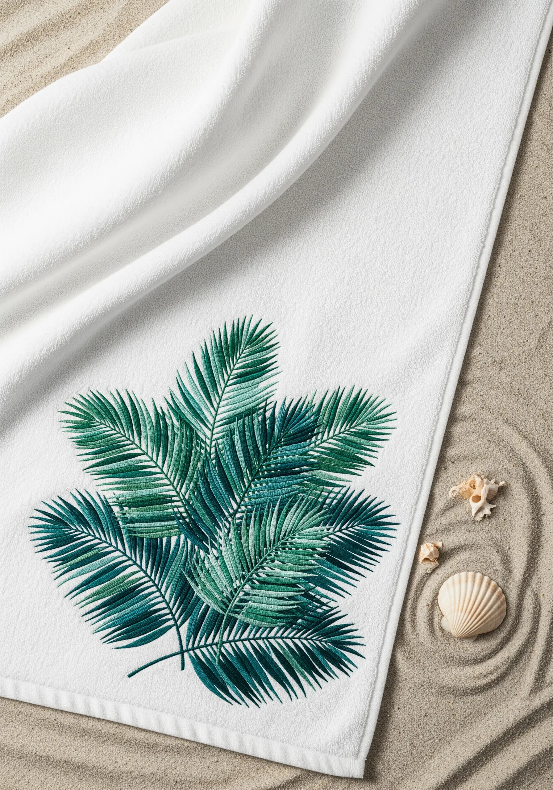 A dense cluster of green and teal palm fronds embroidered on a white beach towel.
