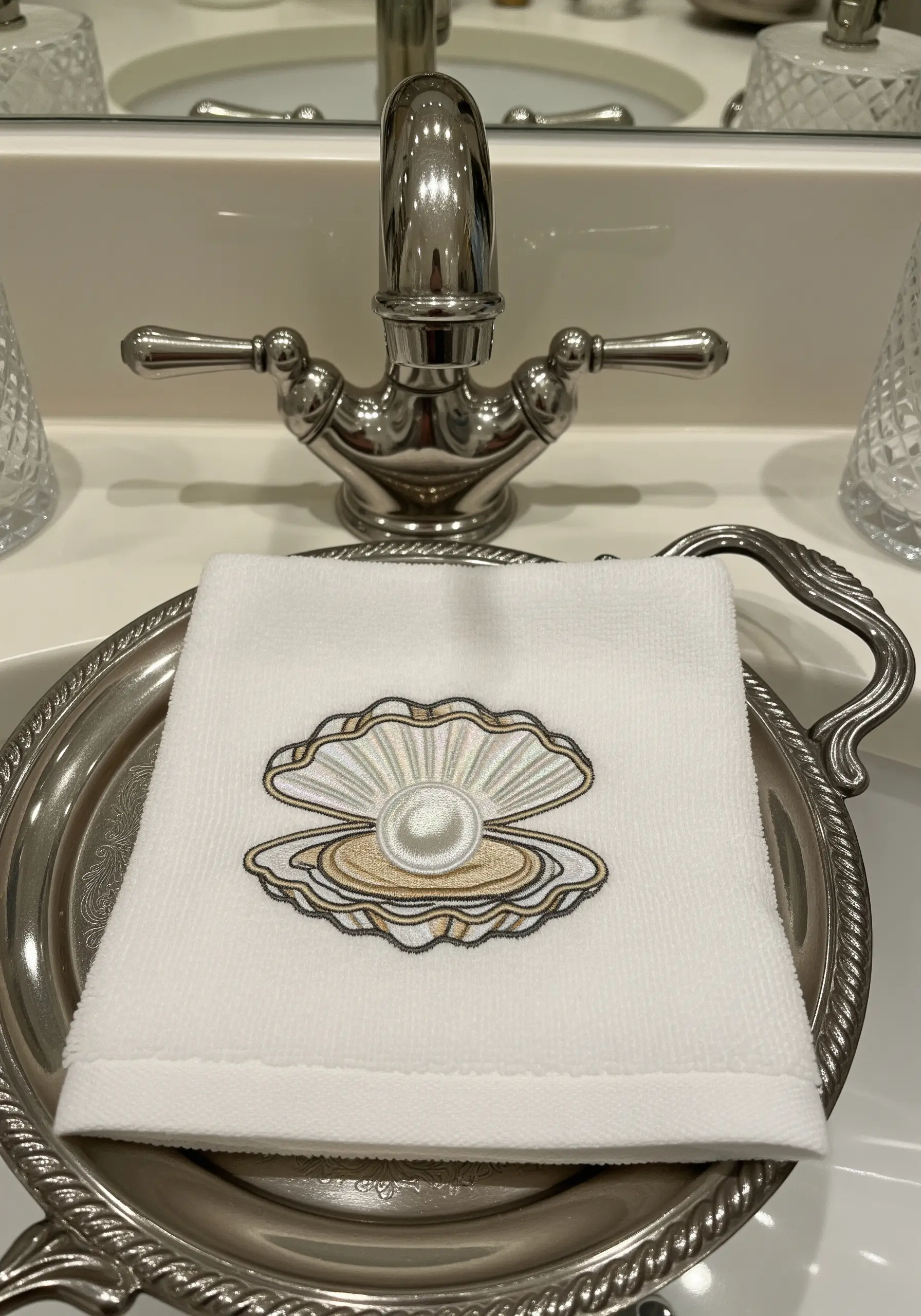 An embroidered oyster shell with a shiny, raised pearl on a white towel.