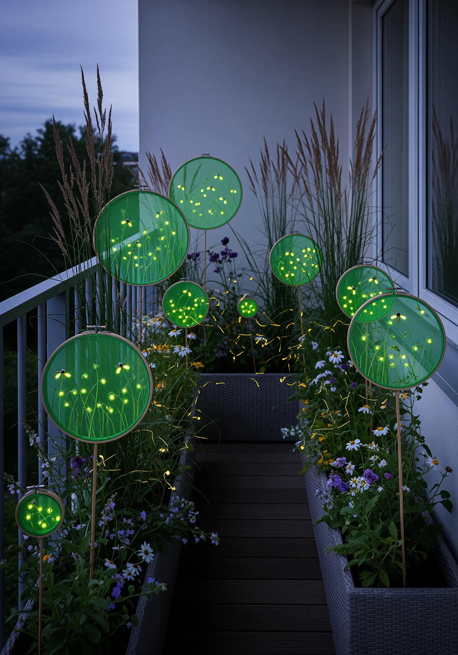 Green hoops with stitched fireflies, lit from within by small LED lights.