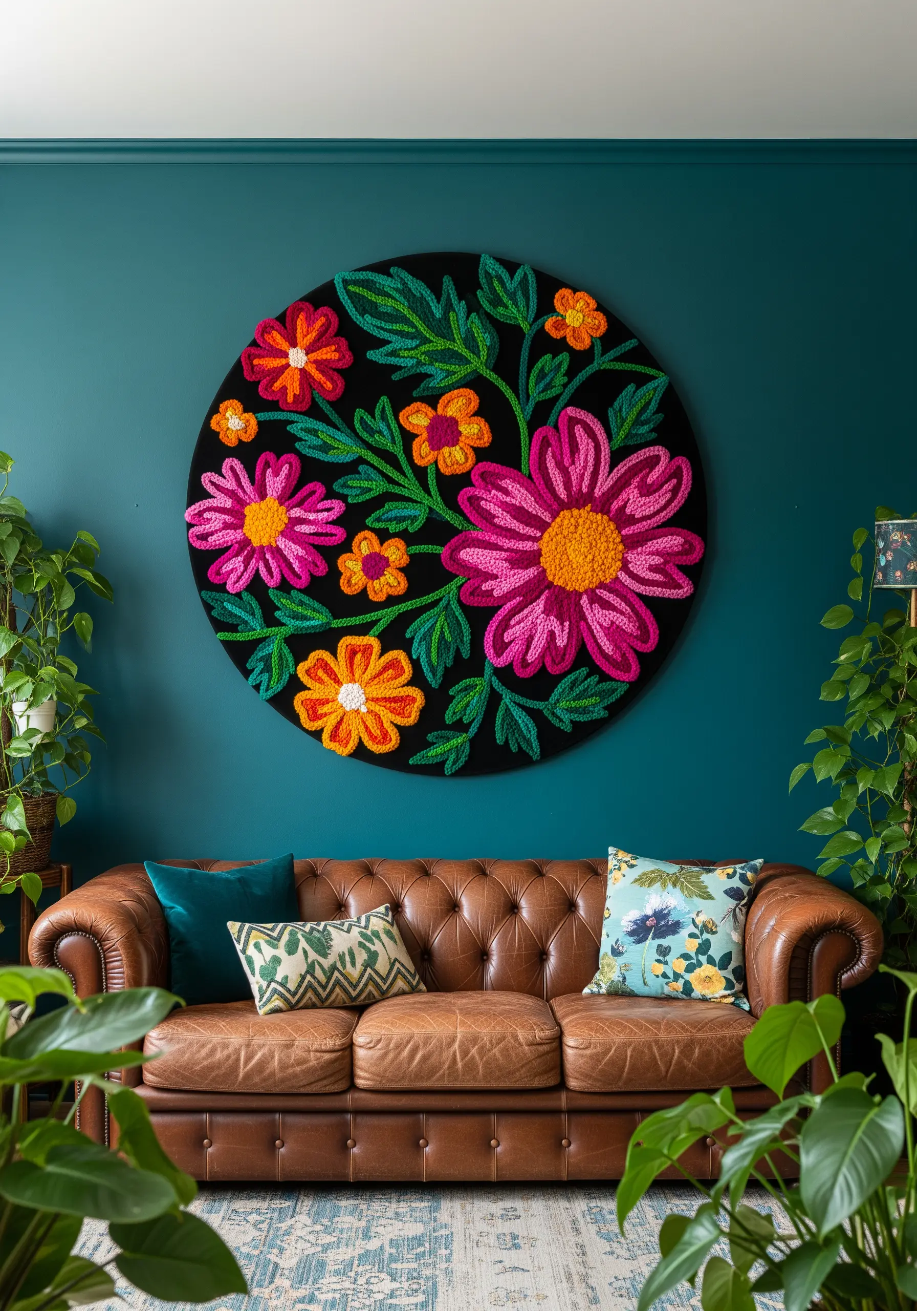 A large, circular punch needle tapestry with vibrant, stylized pink and orange flowers on black fabric.