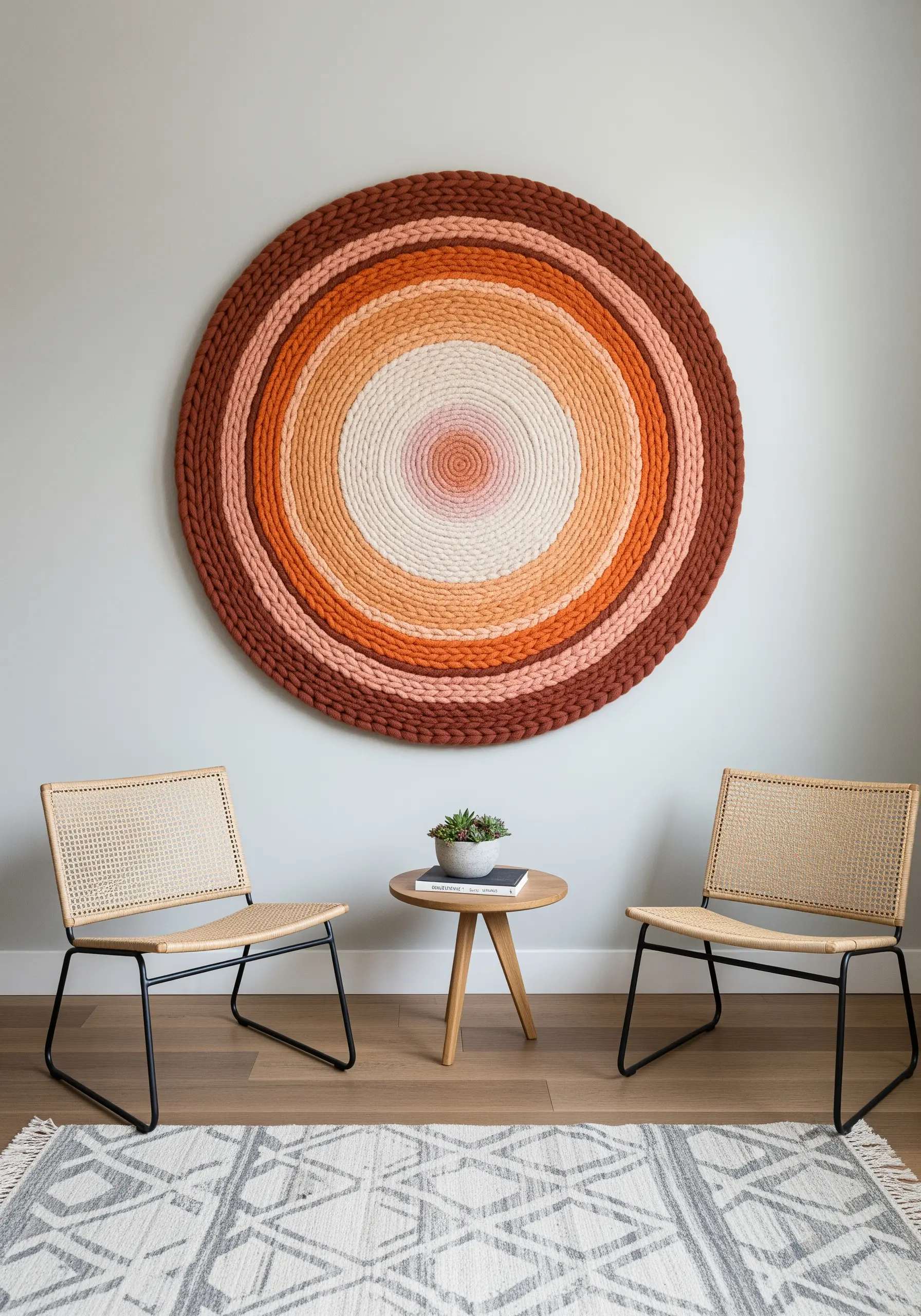 A large, circular wall art piece made of coiled rope wrapped in earthy tones of orange and pink.