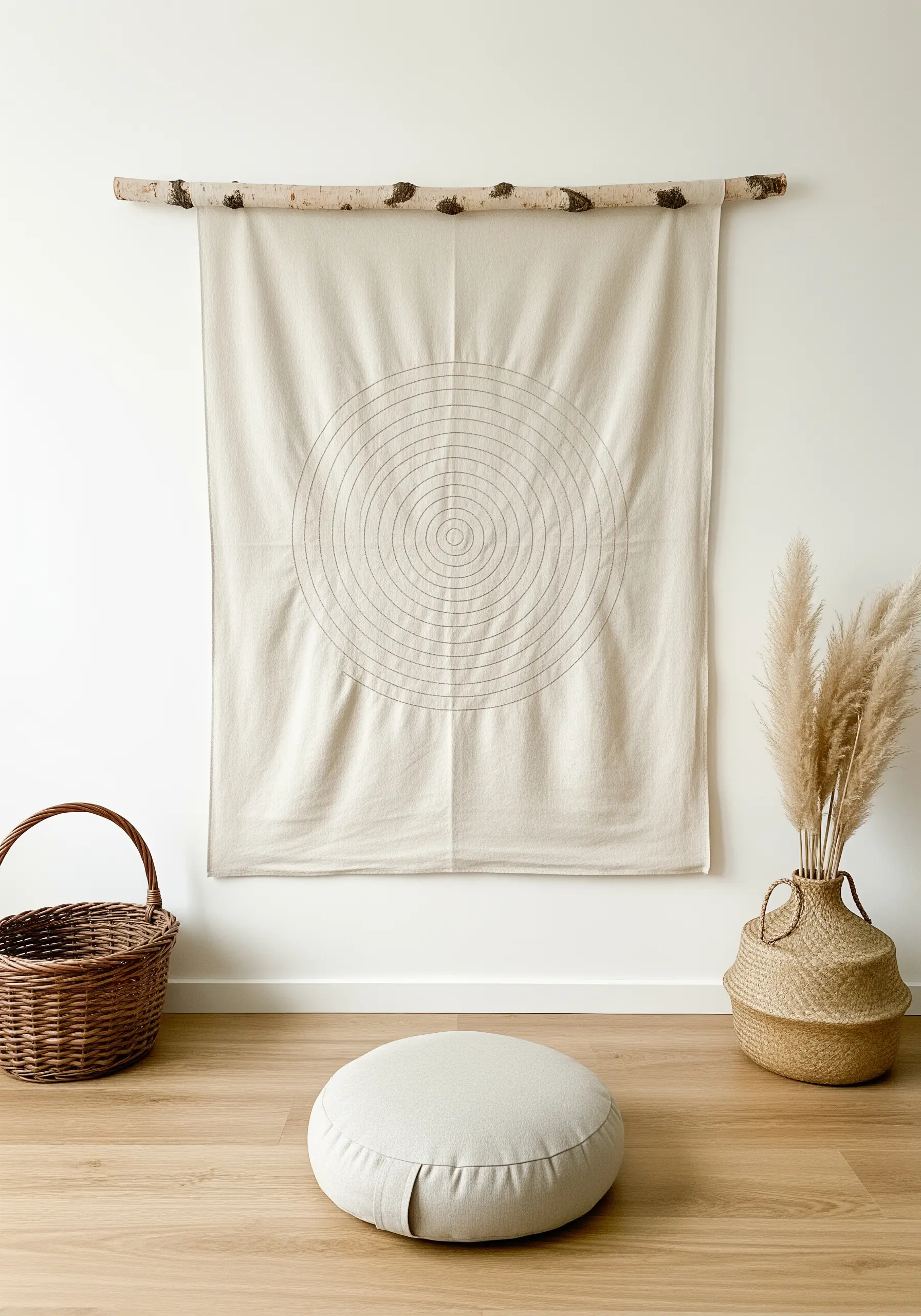 Large linen wall hanging with a minimal mandala made of many concentric stitched circles.