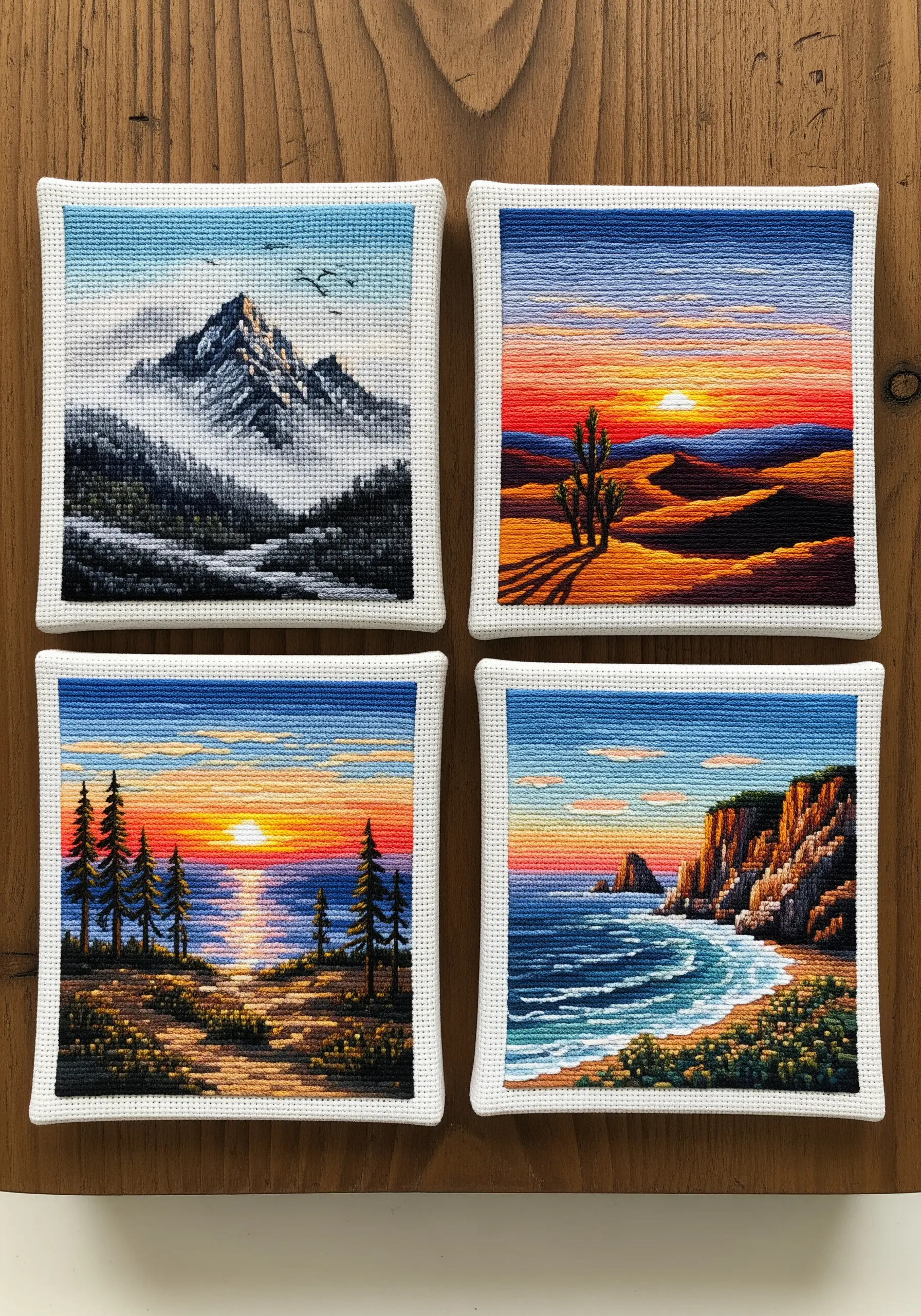Four cross-stitched coasters, each showing a detailed landscape scene.
