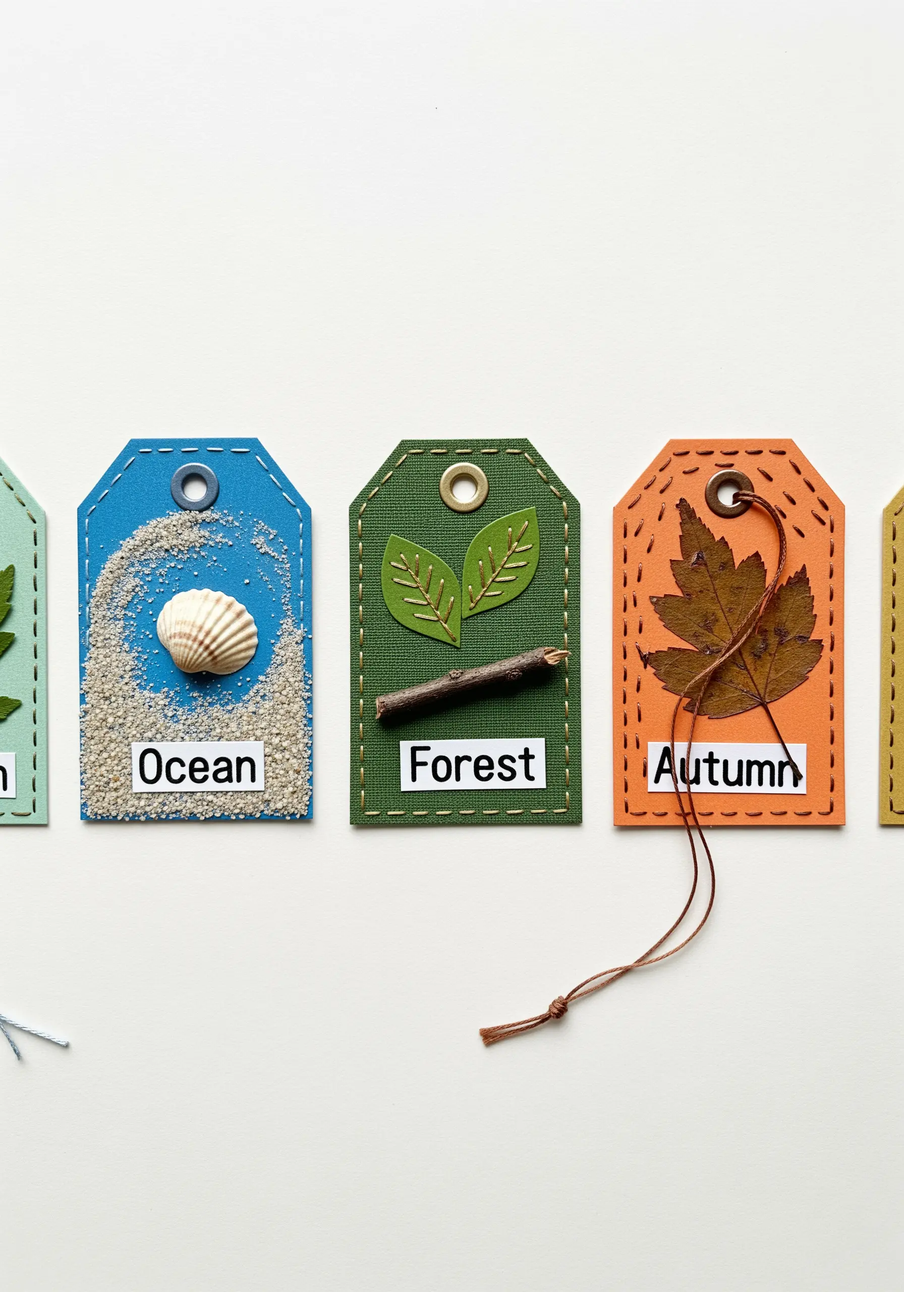 A series of colorful gift tags decorated with small nature-themed collages and simple stitches.