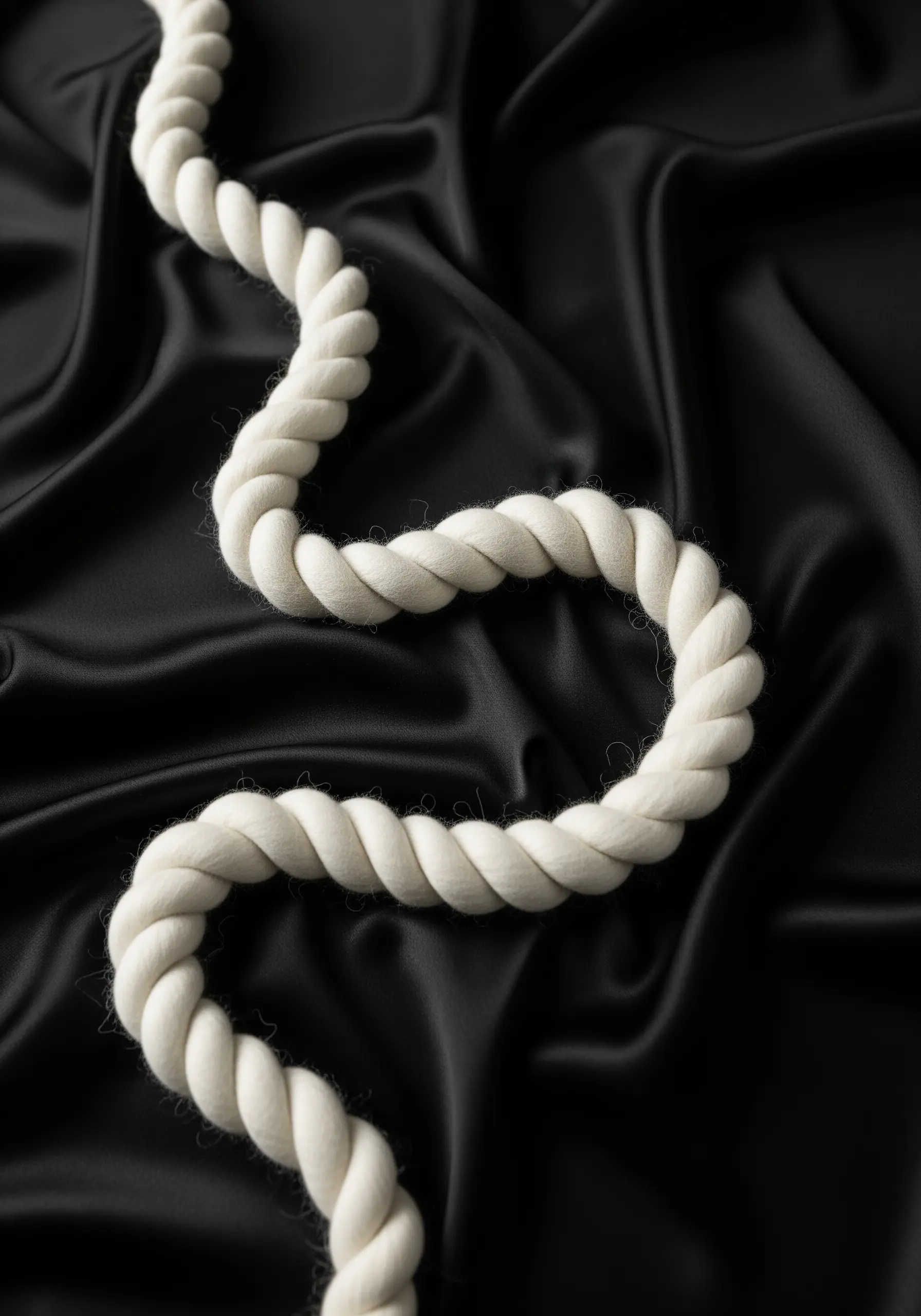 A thick, sculptural white felted wool rope couched onto a piece of black silk fabric.