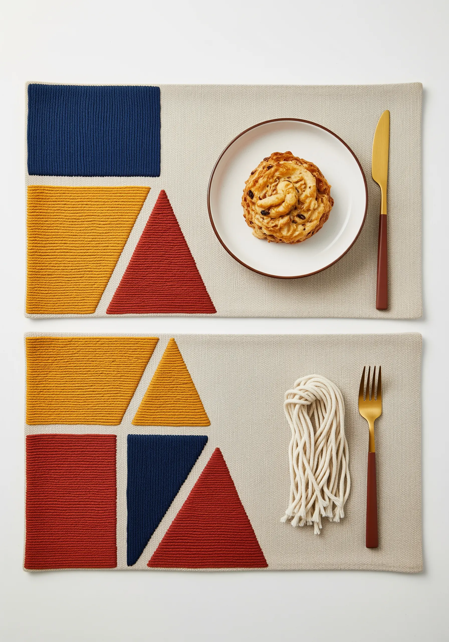 Modern placemats with geometric color blocks in blue, yellow, and red.