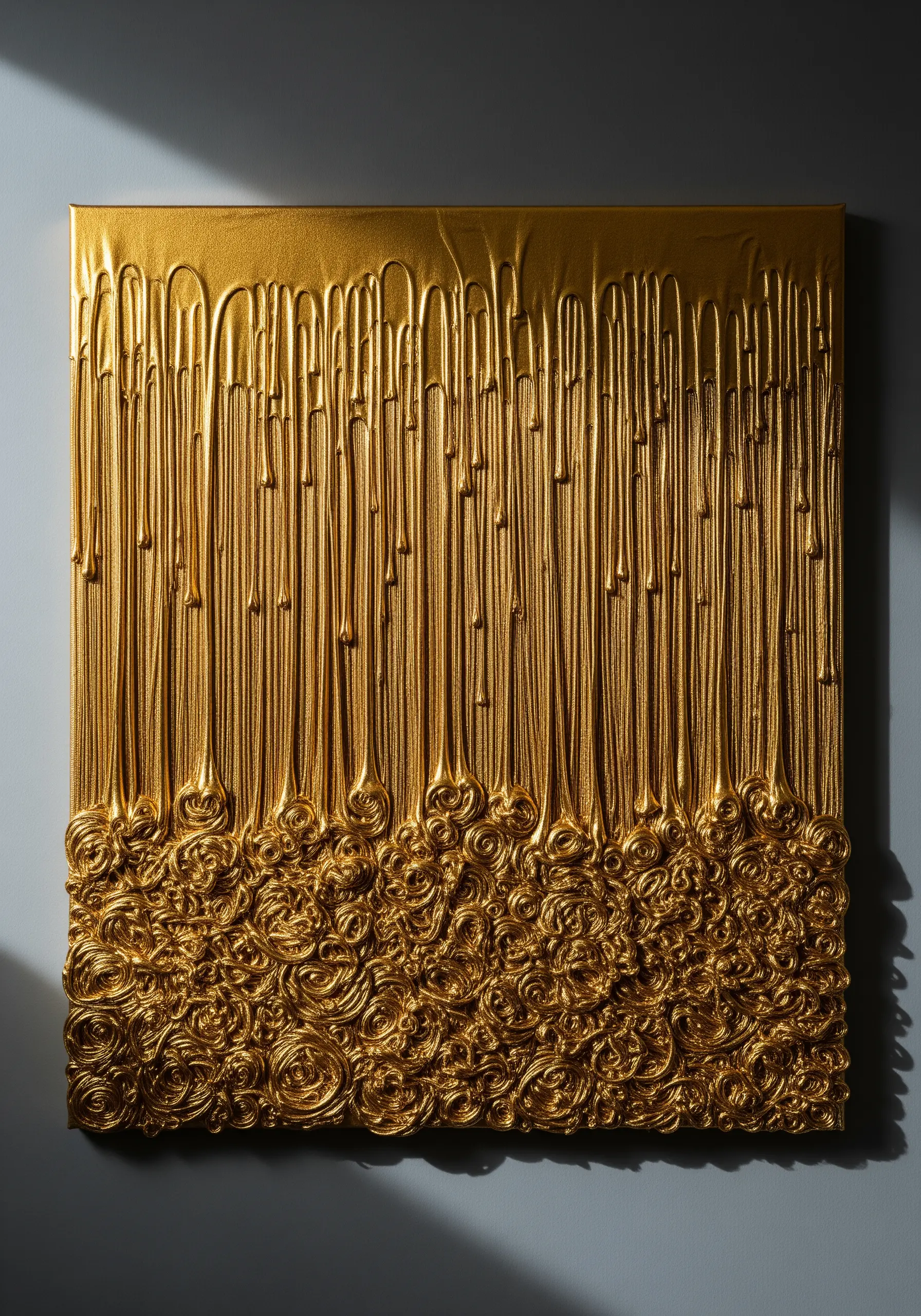 A canvas with a raised, molten gold texture created with drips and swirls.