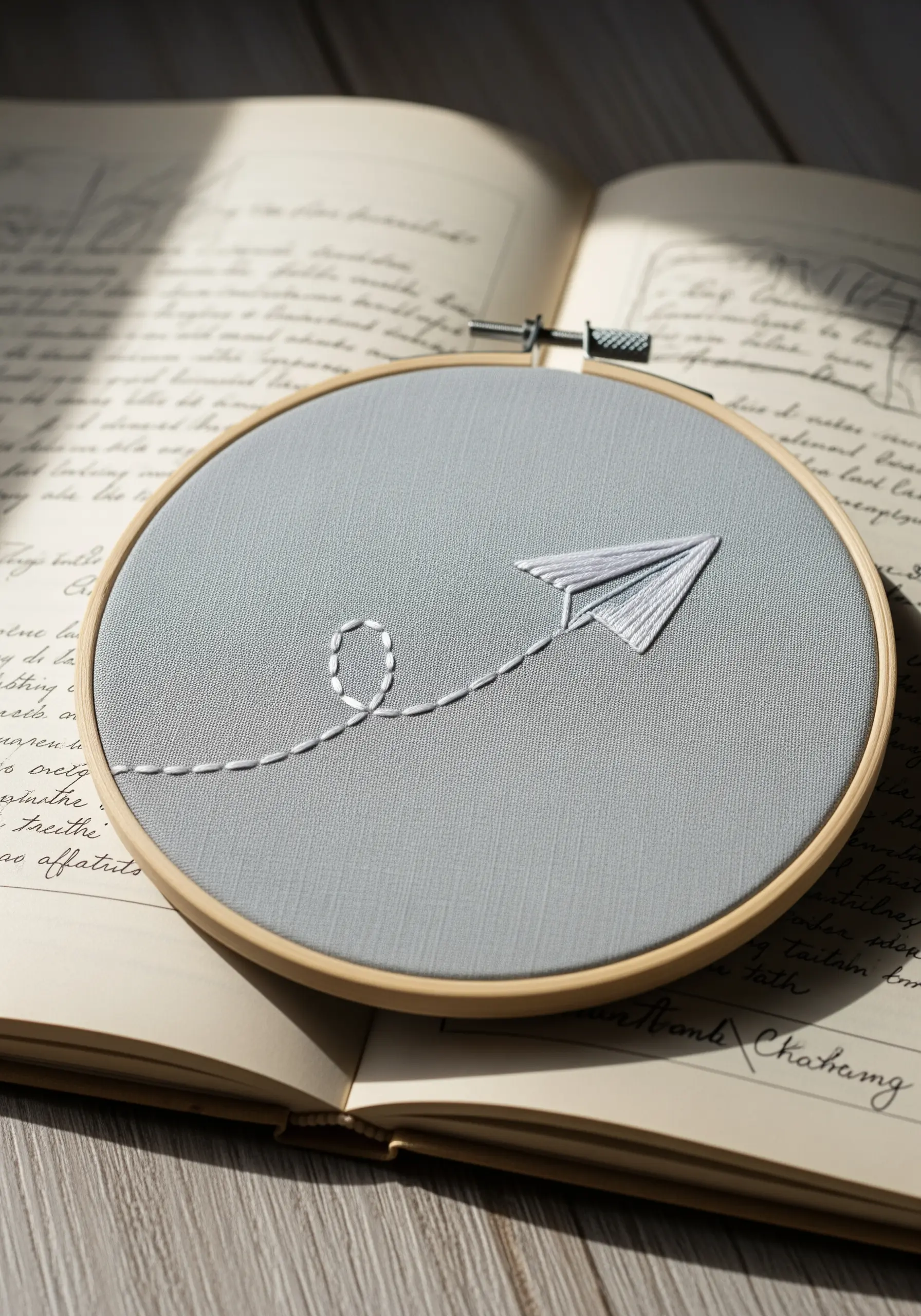 A white paper airplane with a stitched flight path on grey fabric.