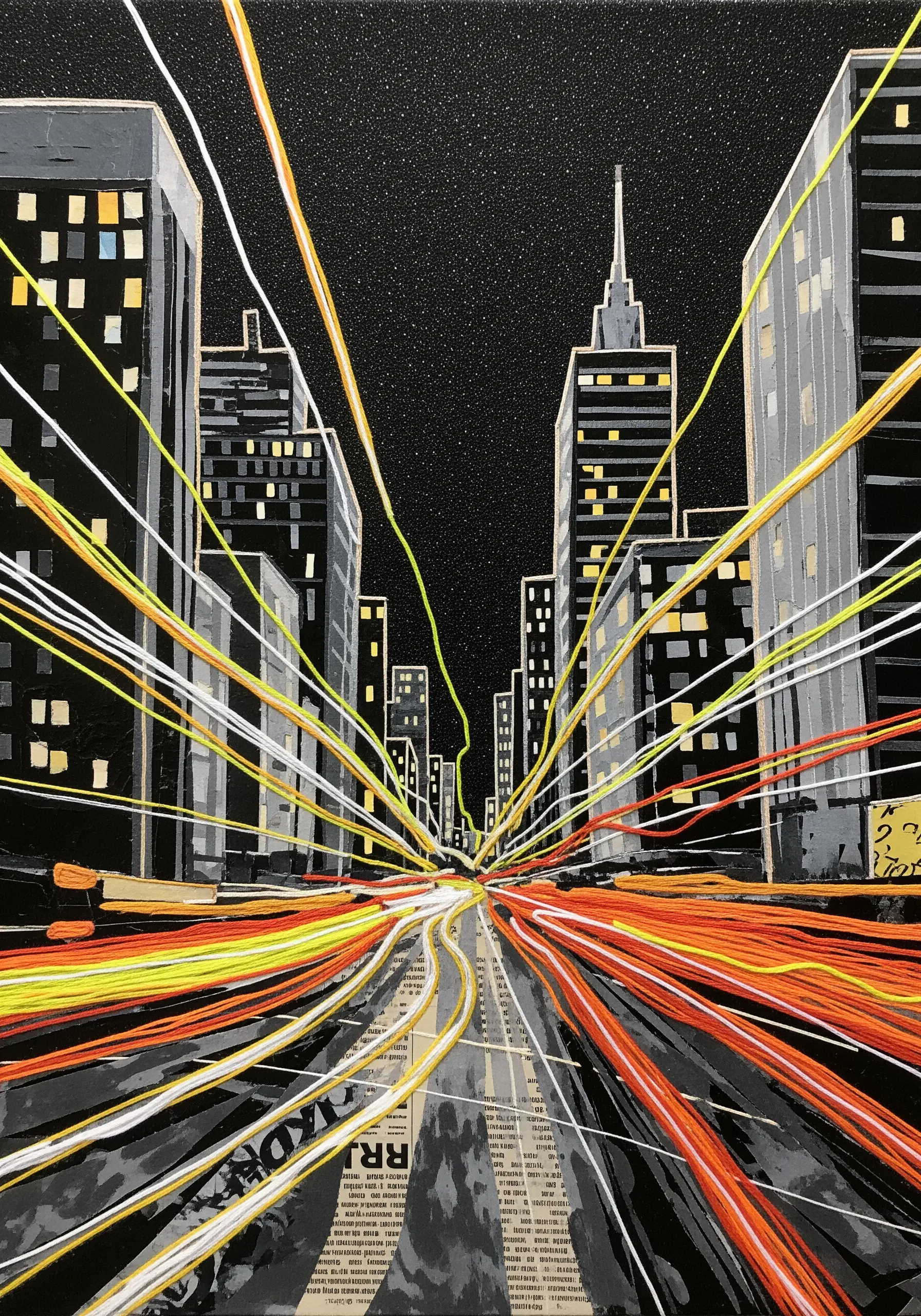 A paper collage cityscape with long strands of colorful thread creating dramatic light trails.
