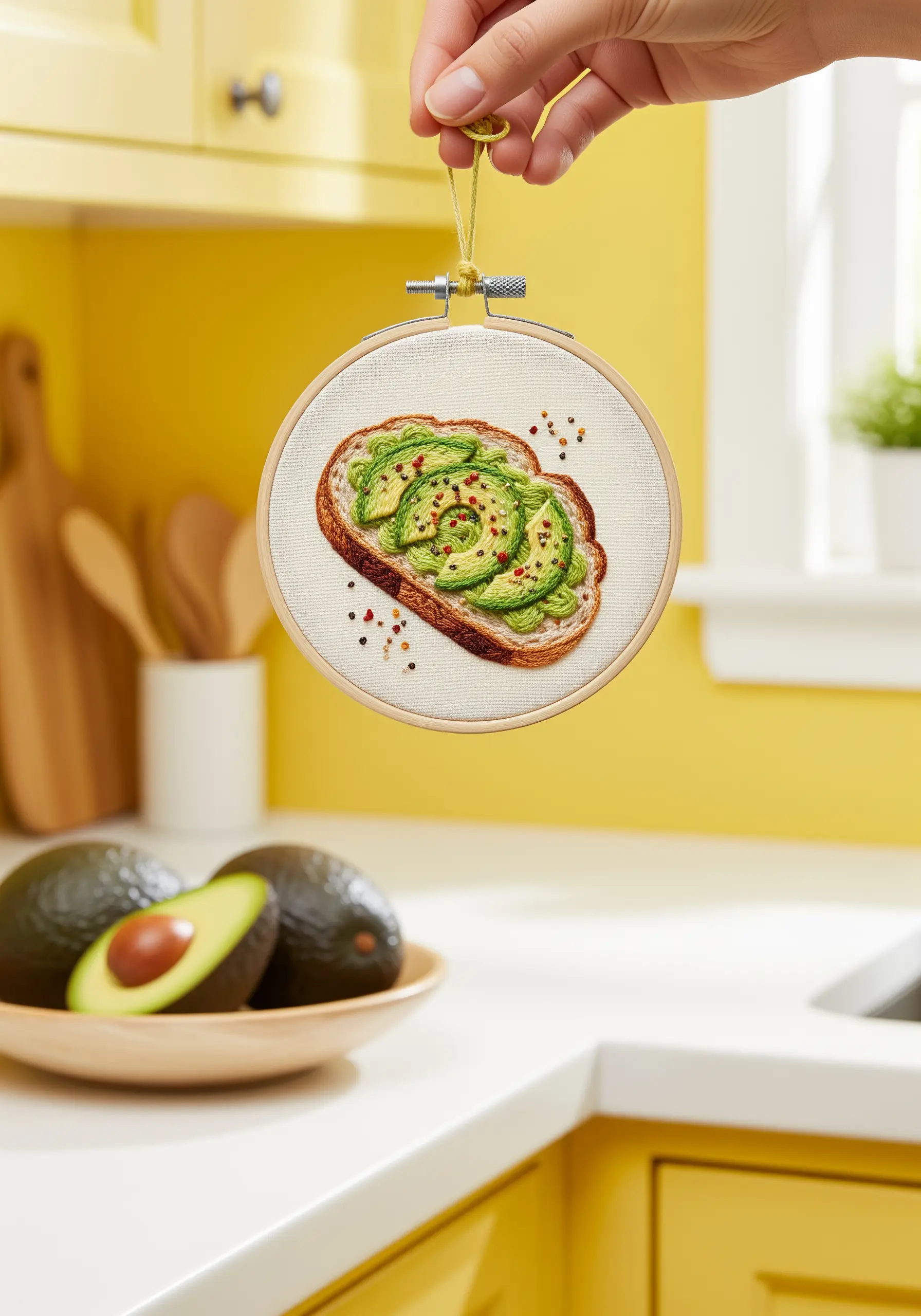 Embroidery hoop art of realistic avocado toast hanging in a yellow kitchen