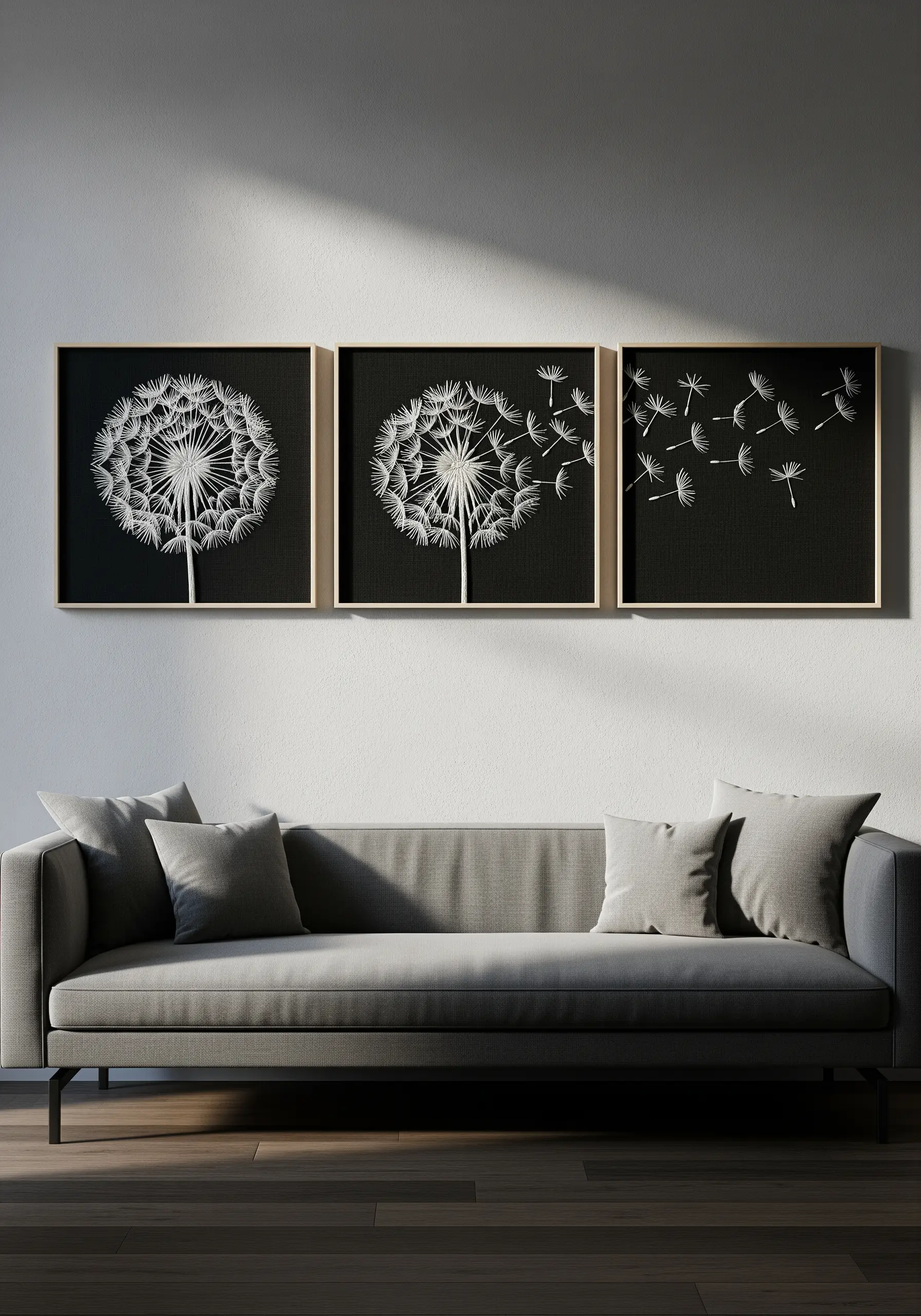 A three-panel embroidery showing a dandelion losing its seeds against a black background.