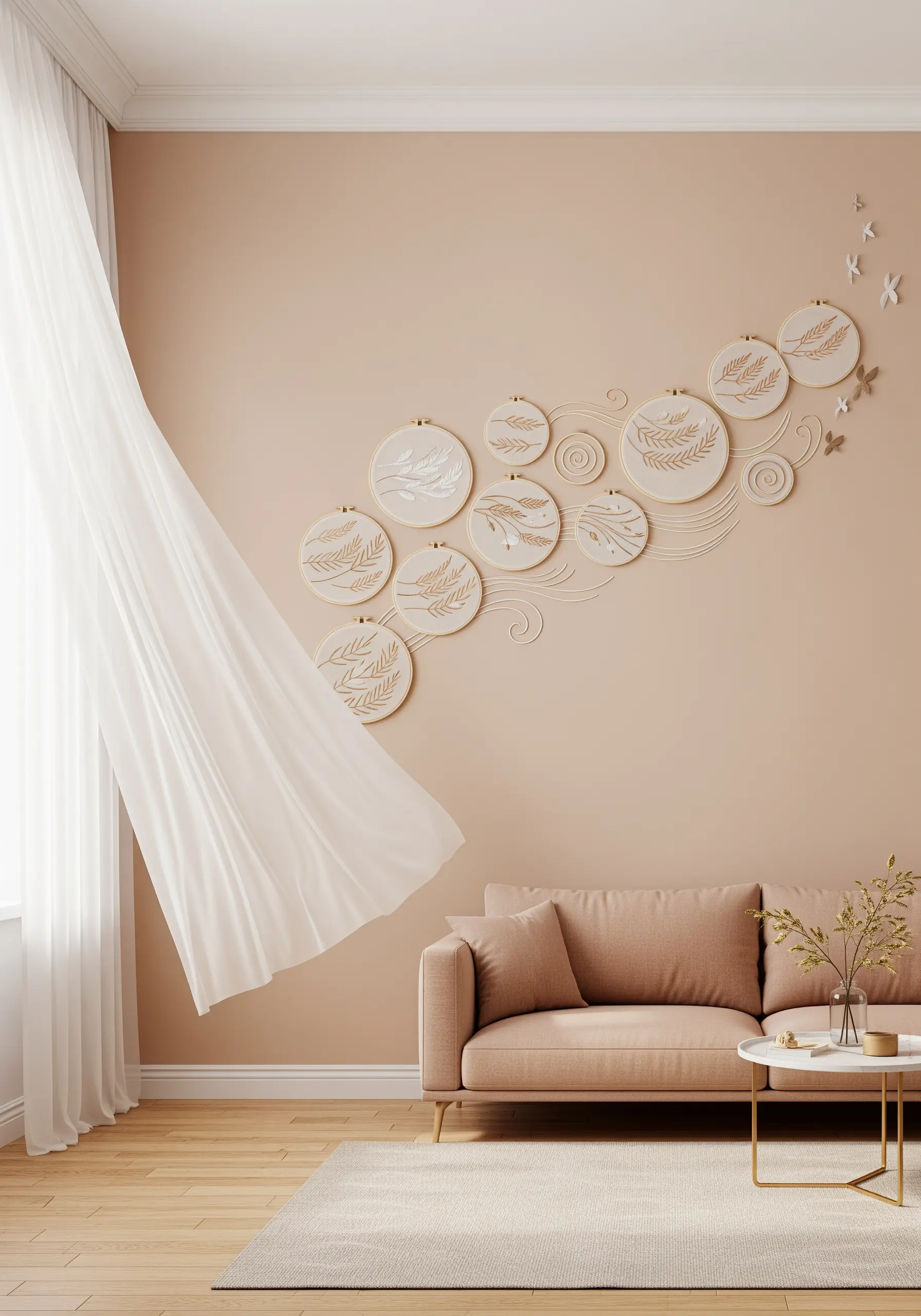 A sweeping installation of embroidery hoops connected by swirling lines on a peach-colored wall