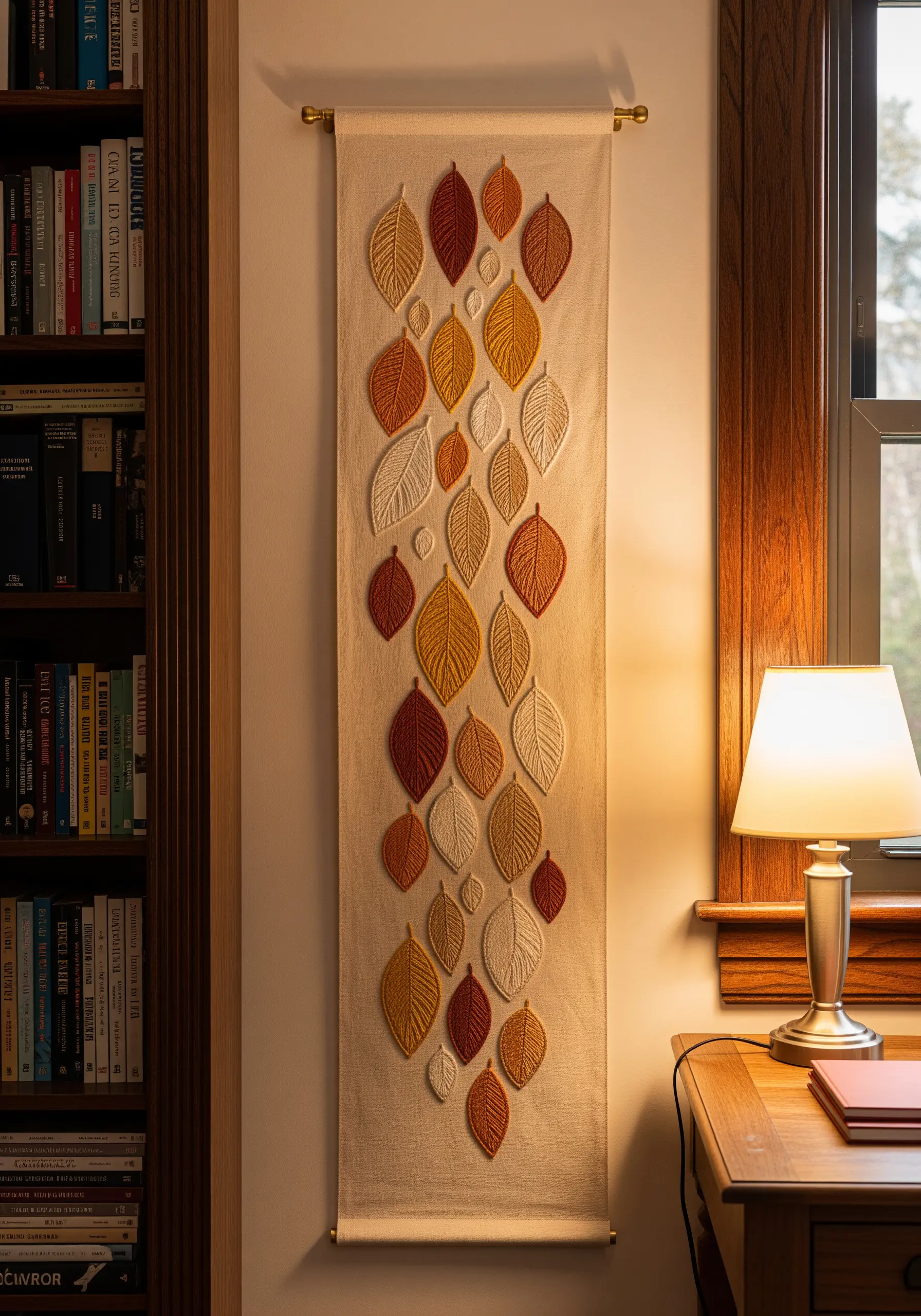A long wall hanging with scattered autumn leaves embroidered in warm neutral tones.