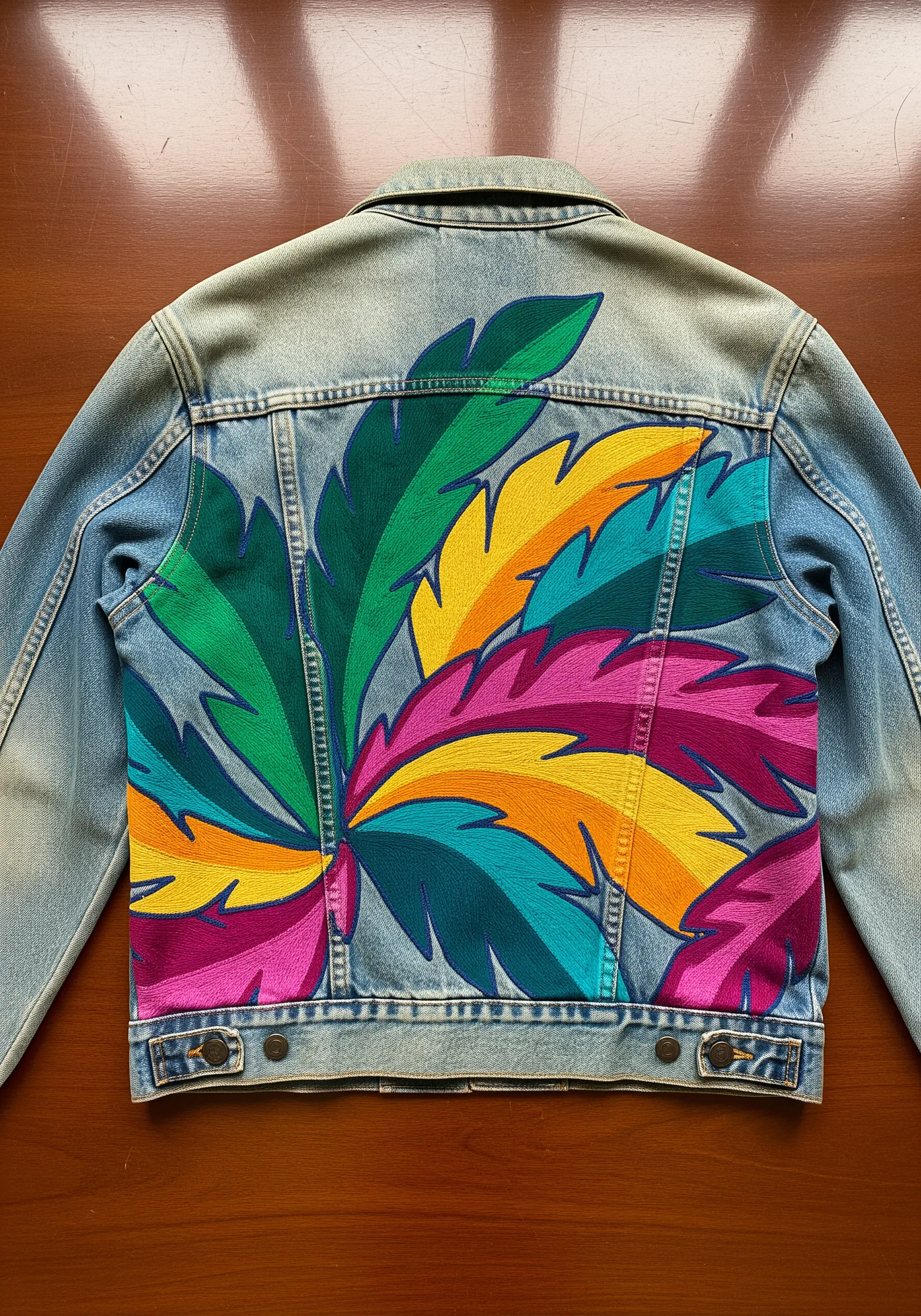 A fan of large, colorful embroidered leaves in satin stitch on a denim jacket back.