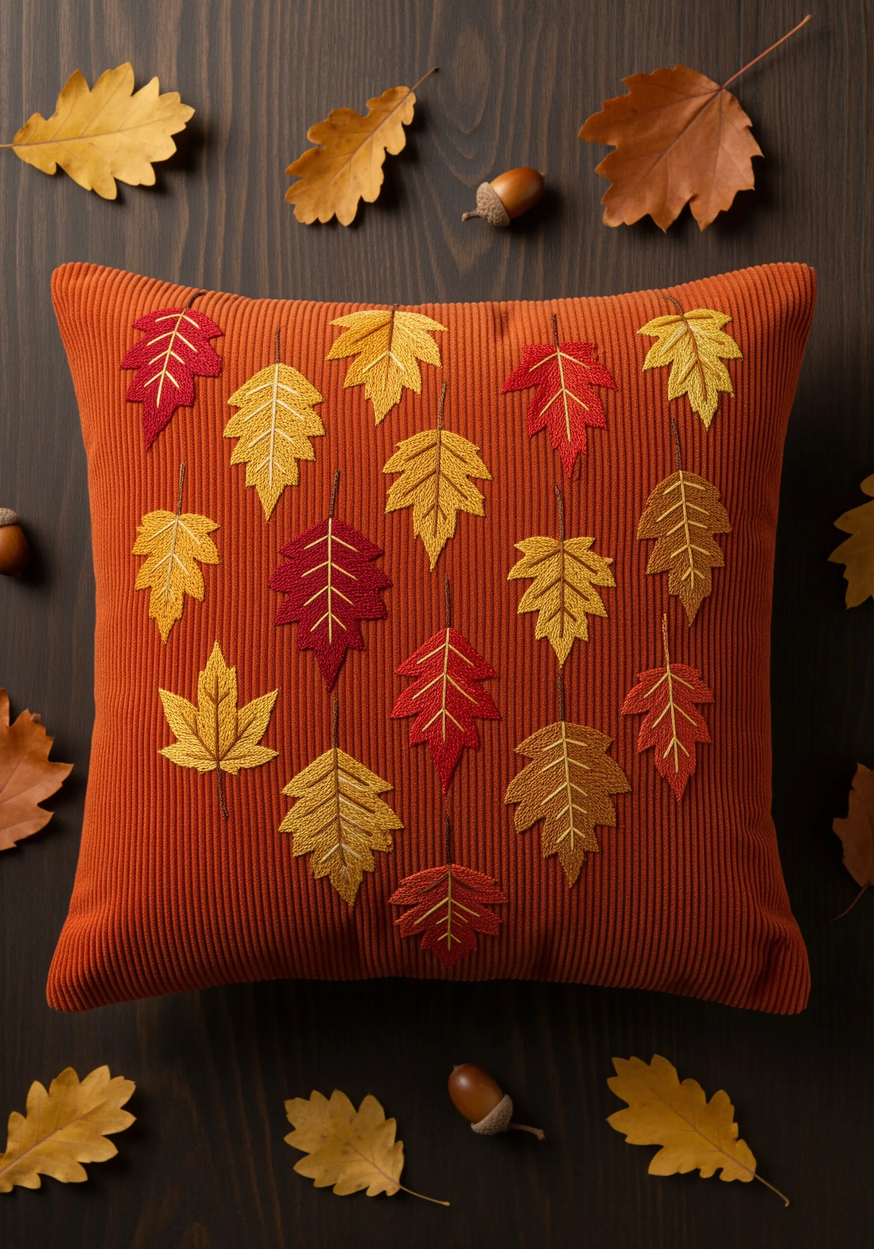 Embroidered autumn leaves in red, yellow, and brown on an orange corduroy pillow.