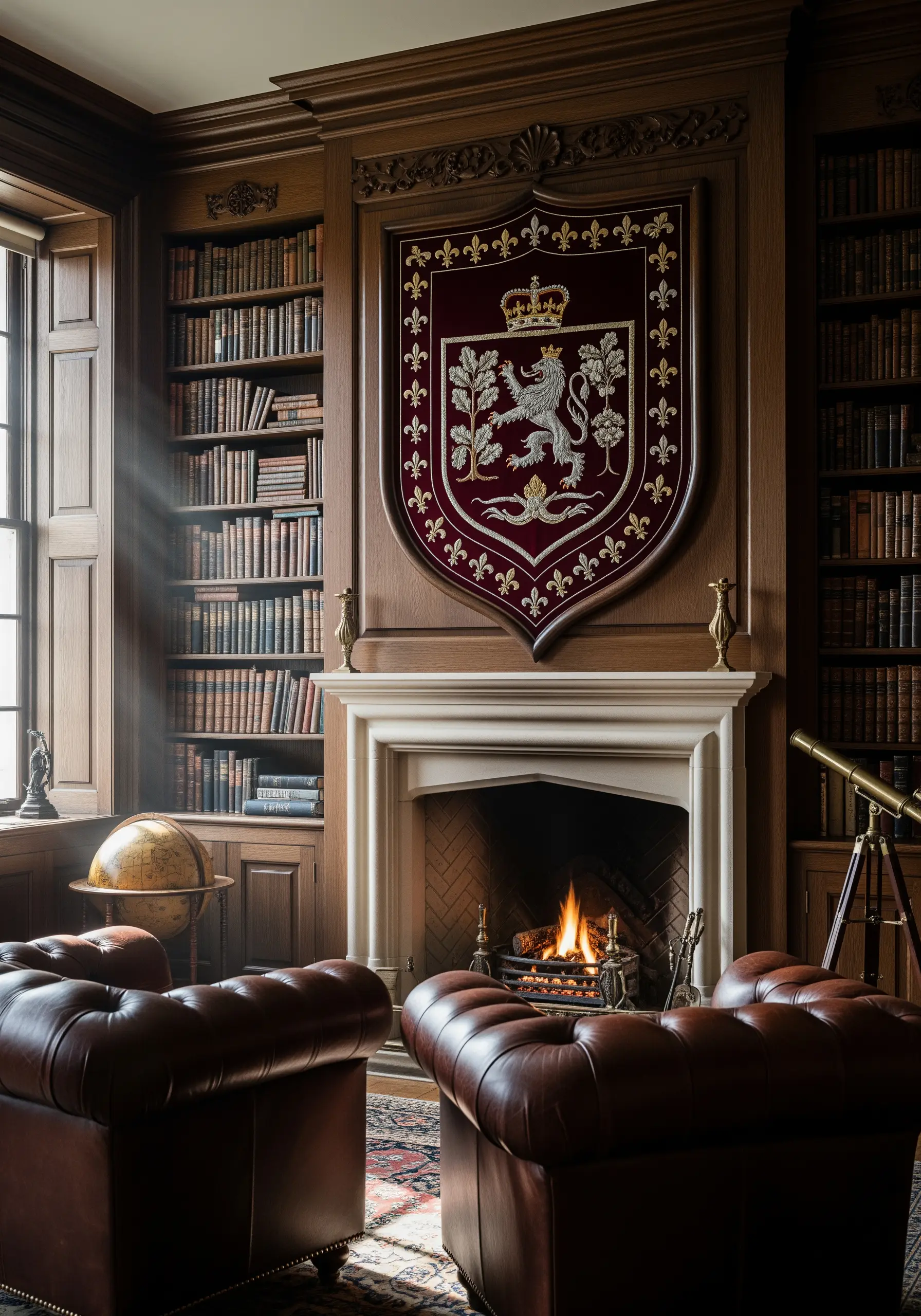 A large, embroidered heraldic crest in red, silver, and gold hangs above a fireplace.
