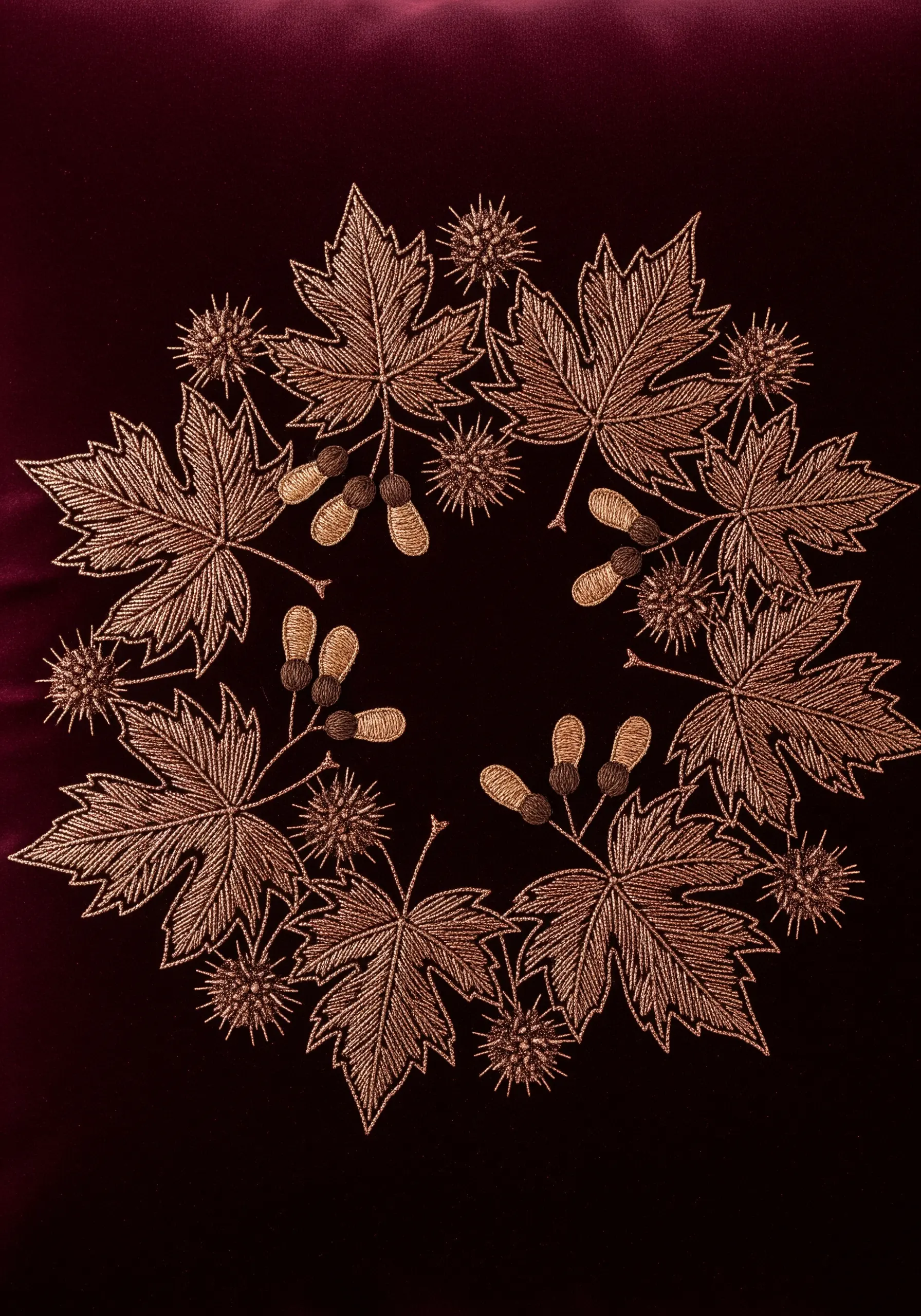 A wreath of maple leaves and seeds stitched in bronze metallic thread on dark red velvet.