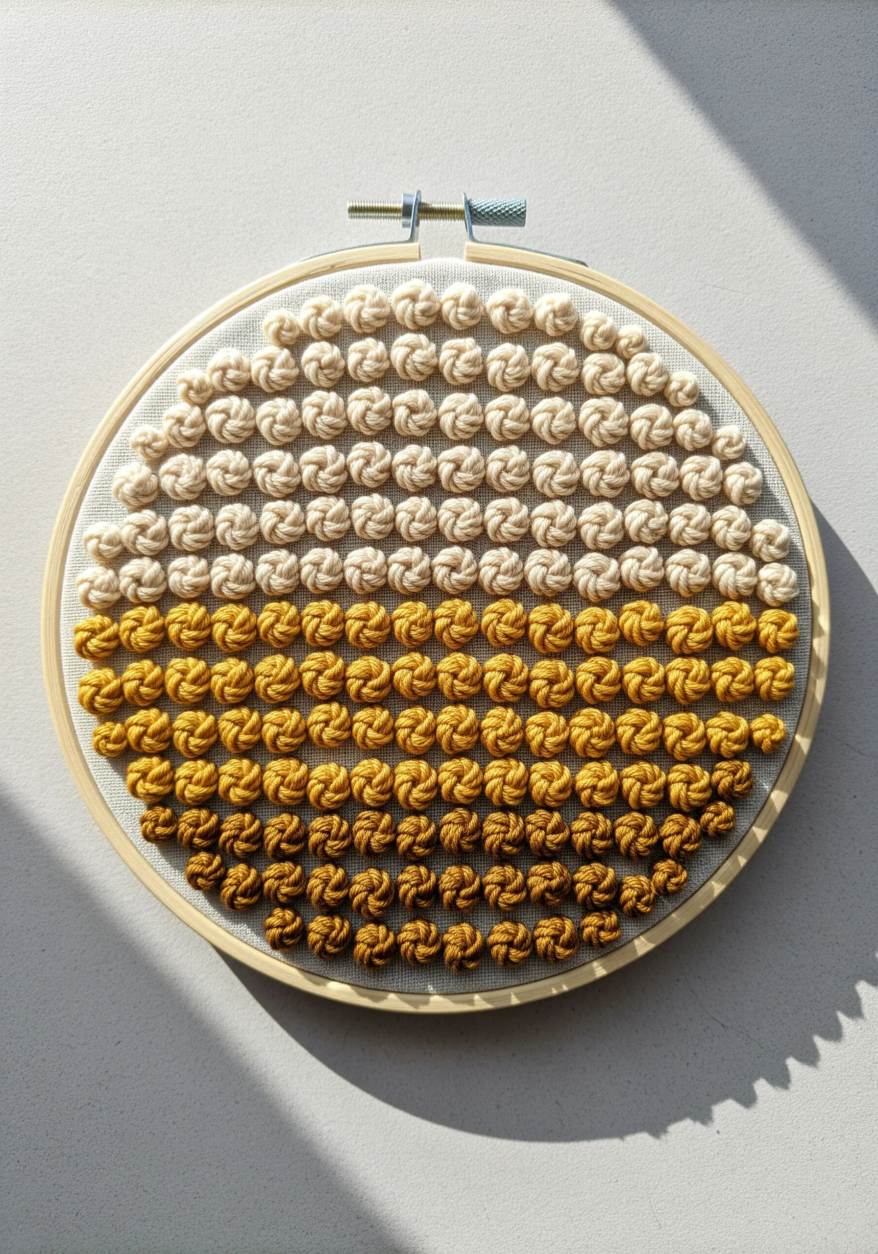 An embroidery hoop filled with neat rows of French knots in an ombre yellow and cream pattern.