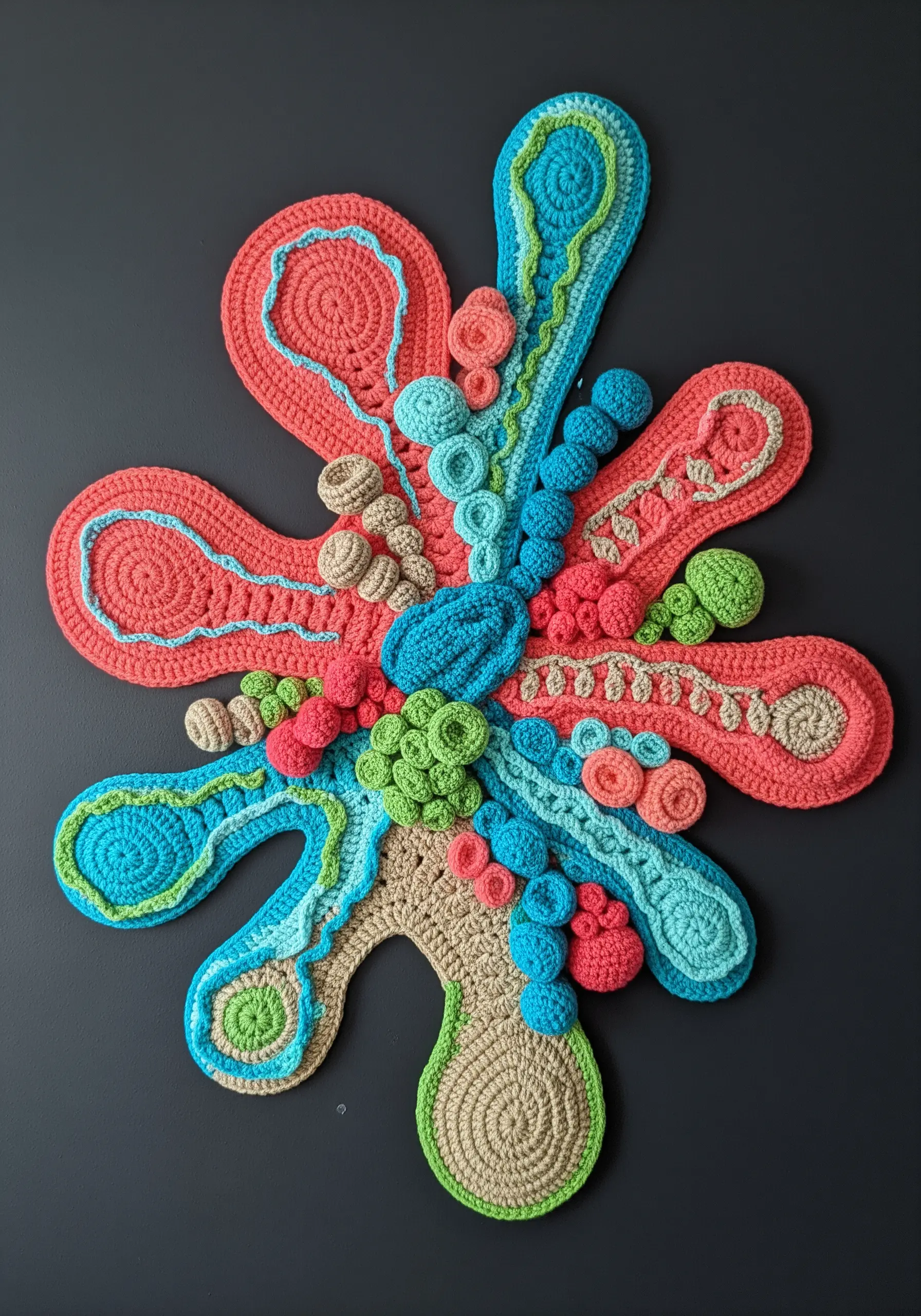 A vibrant, abstract wall sculpture made of freeform crochet shapes in coral, blue, and green.