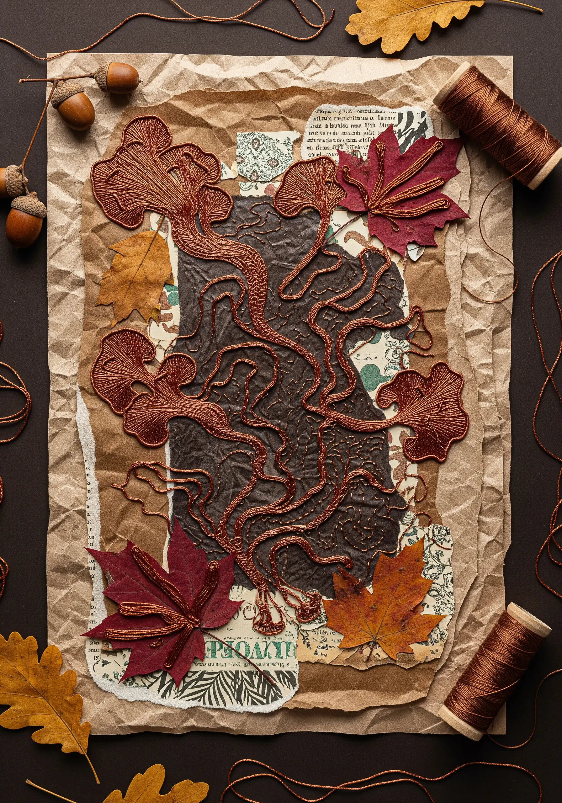 Embroidered root-like shapes in copper thread appliquéd onto a collage of brown paper.